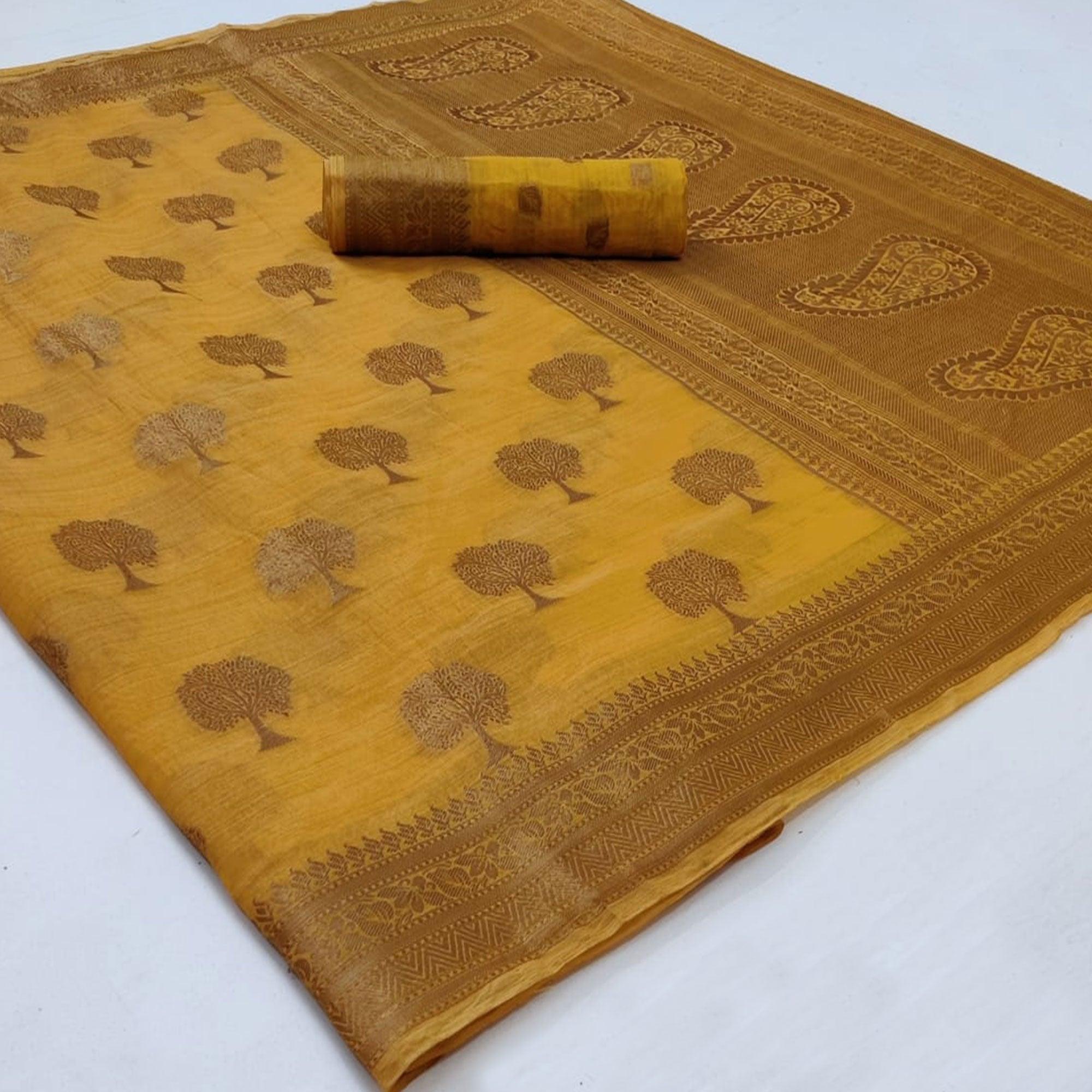 Yellow Festive Wear Woven Soft Organza Saree - Peachmode