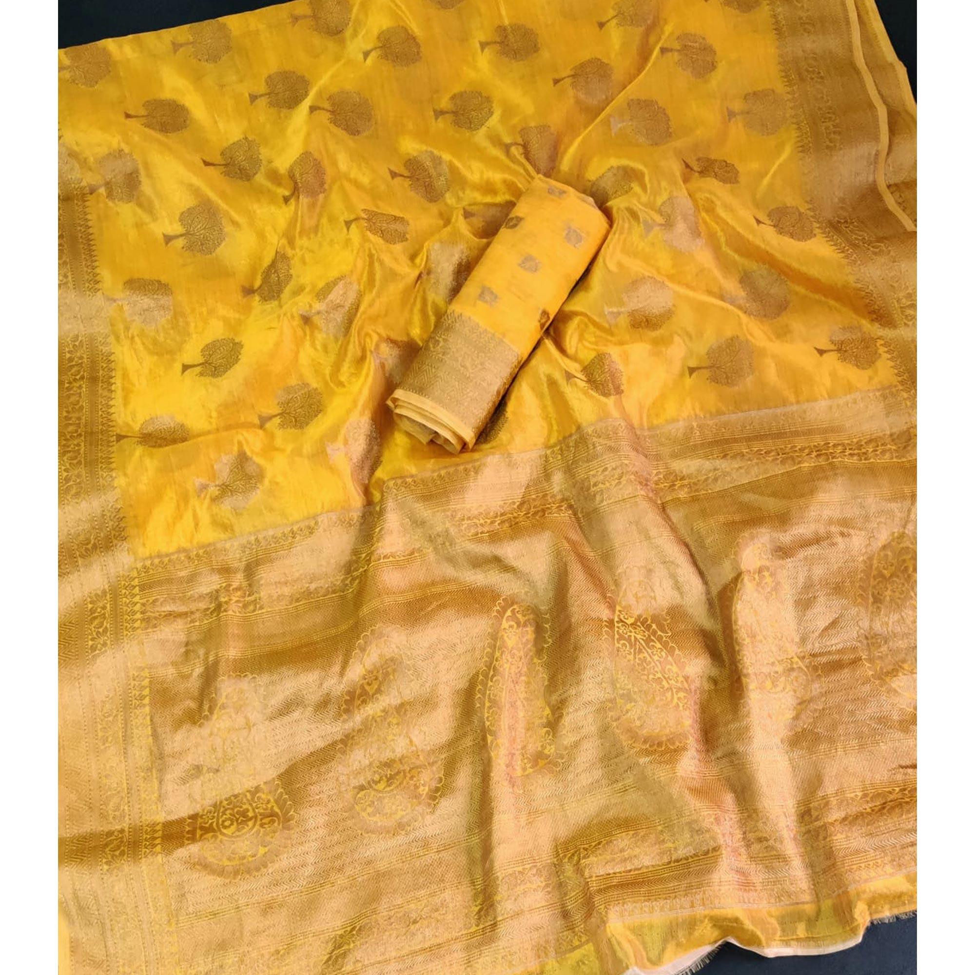 Yellow Festive Wear Woven Soft Organza Saree - Peachmode