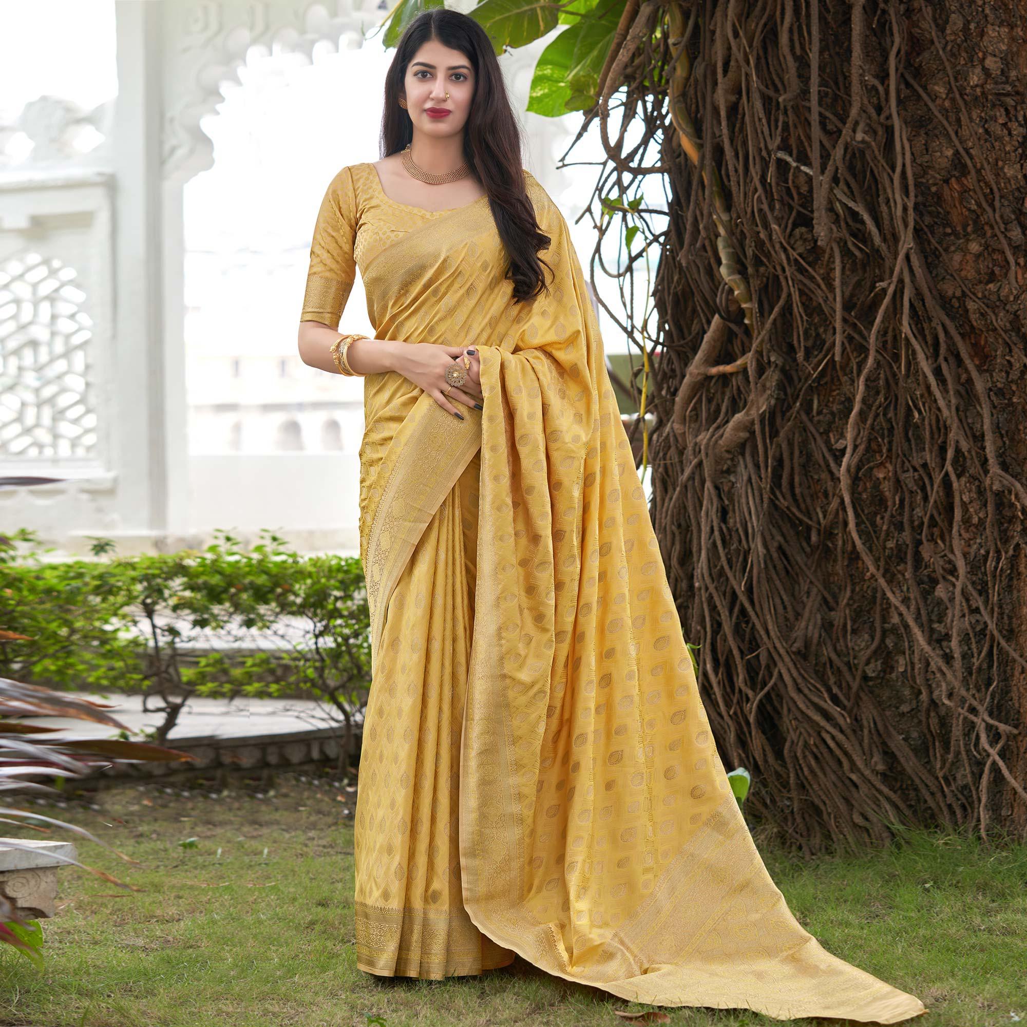 Yellow Festive Wear Woven Soft Satin Silk Saree - Peachmode