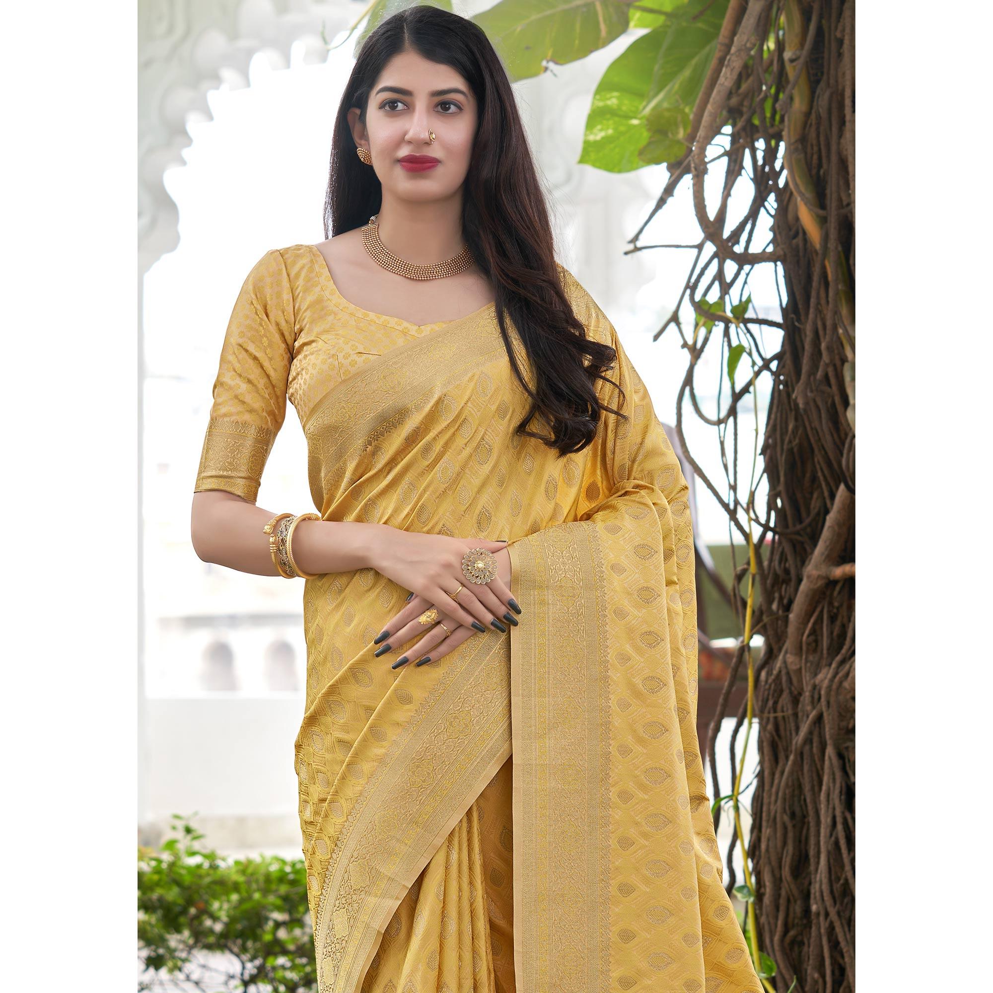Yellow Festive Wear Woven Soft Satin Silk Saree - Peachmode