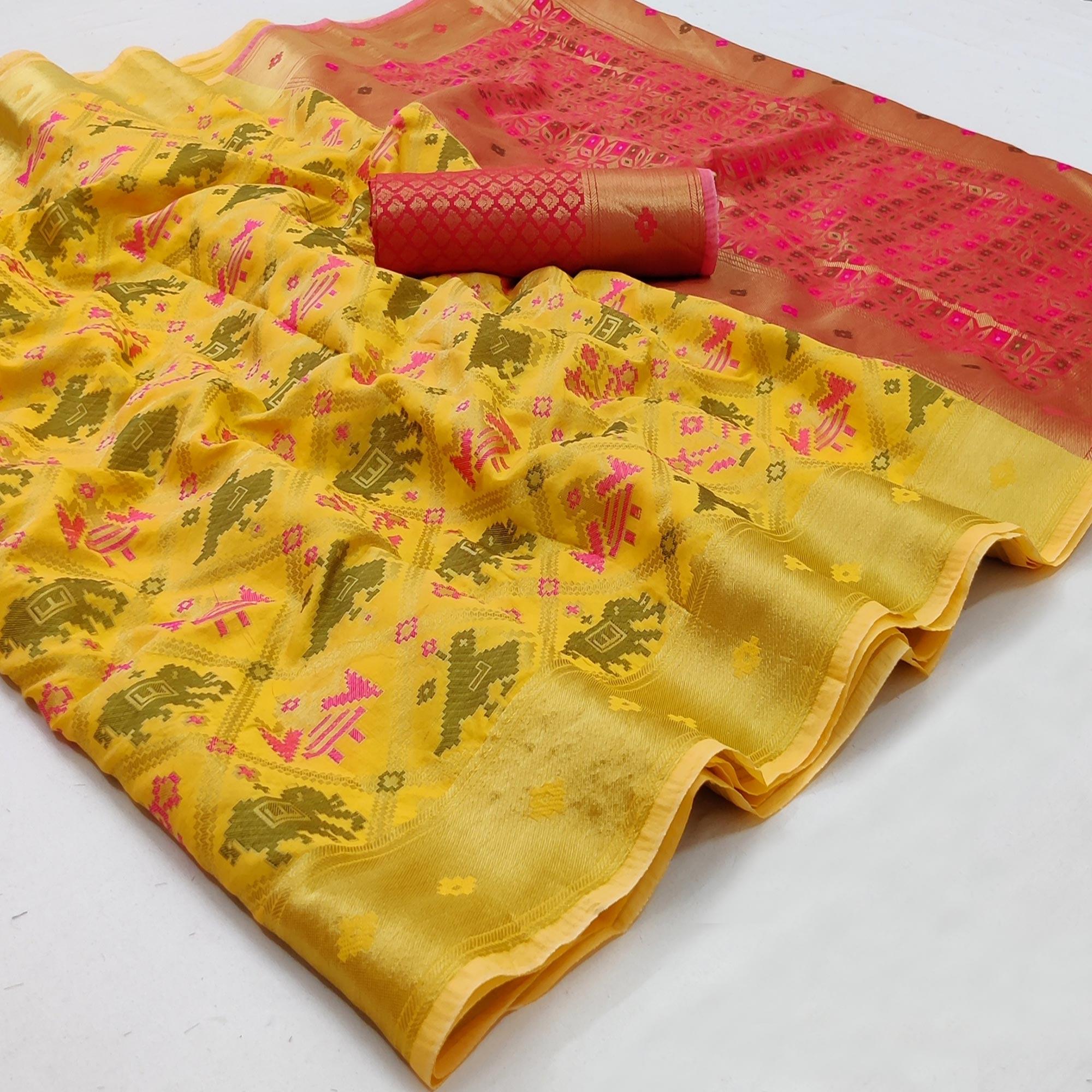 Yellow Festive Wear Woven Soft Silk Saree - Peachmode