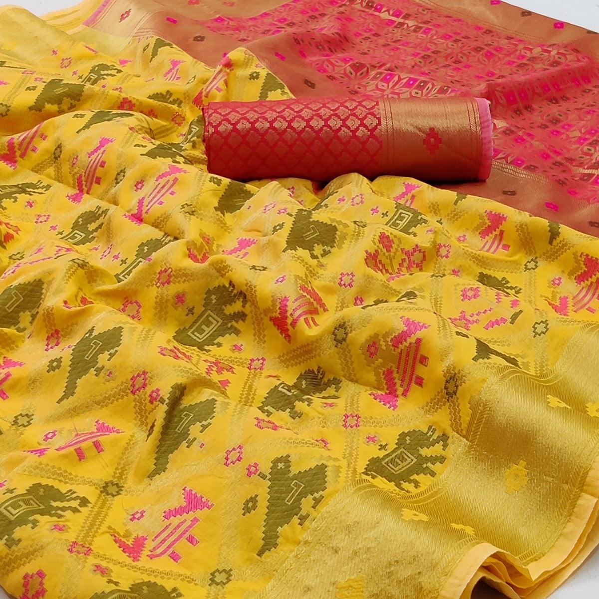 Yellow Festive Wear Woven Soft Silk Saree - Peachmode