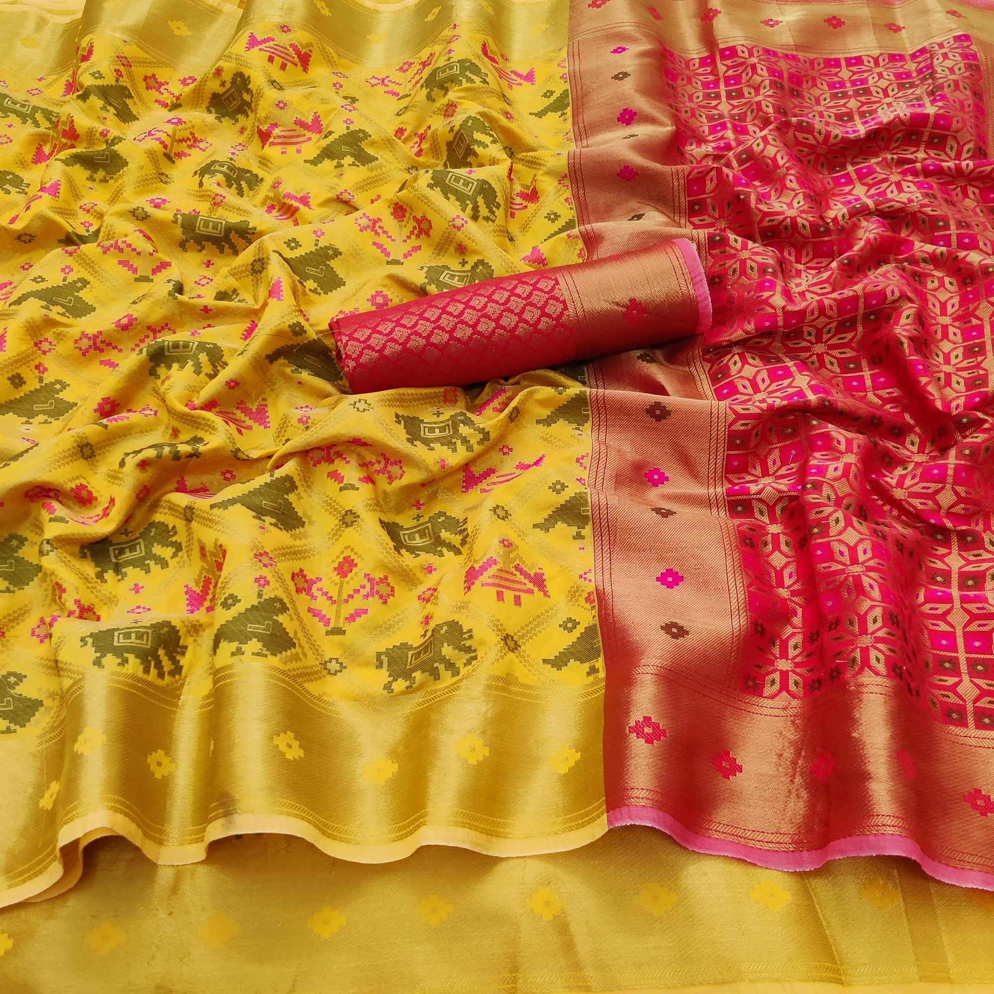Yellow Festive Wear Woven Soft Silk Saree - Peachmode