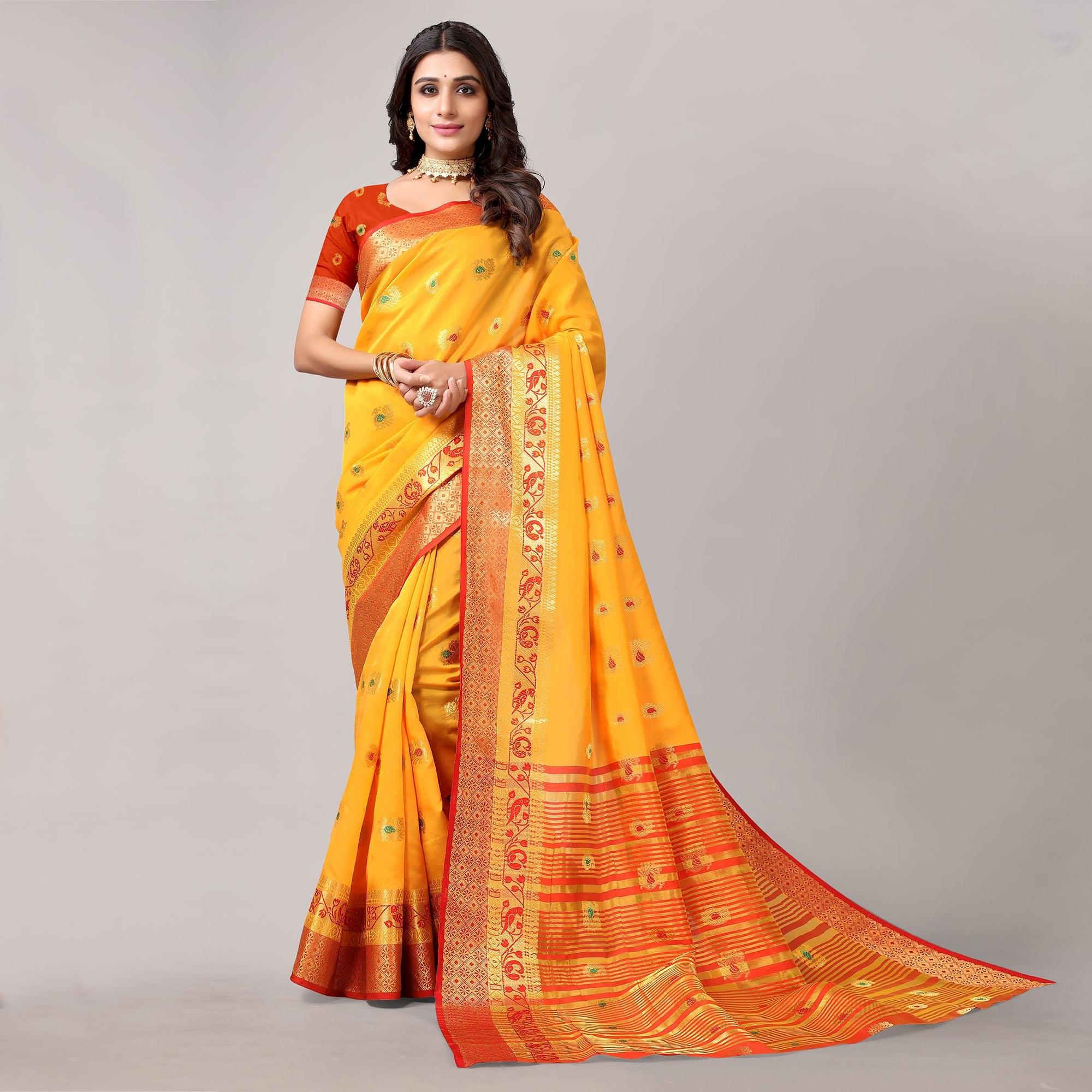 Yellow Festive Wear Woven Soft Silk Saree With Jacquard Border - Peachmode