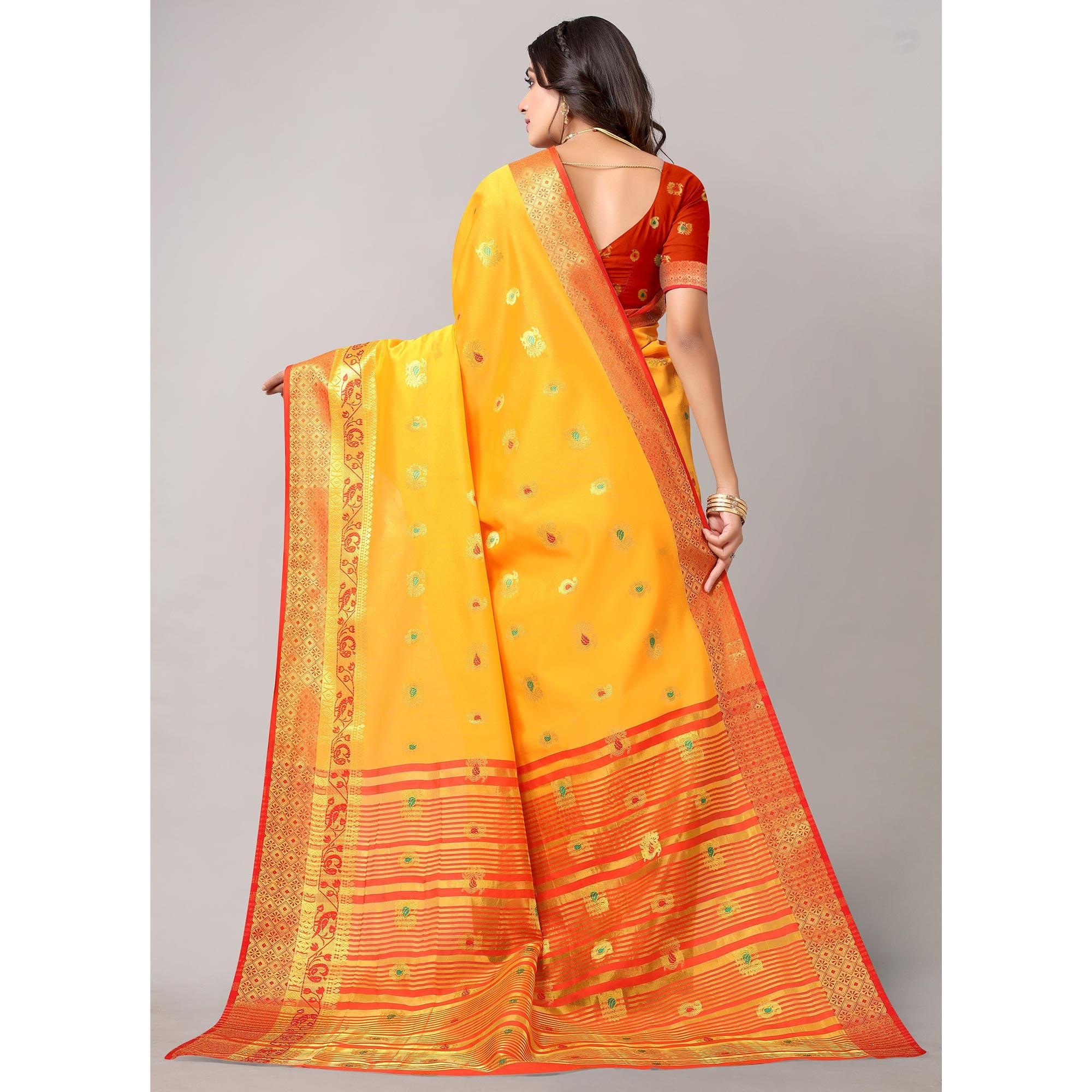 Yellow Festive Wear Woven Soft Silk Saree With Jacquard Border - Peachmode