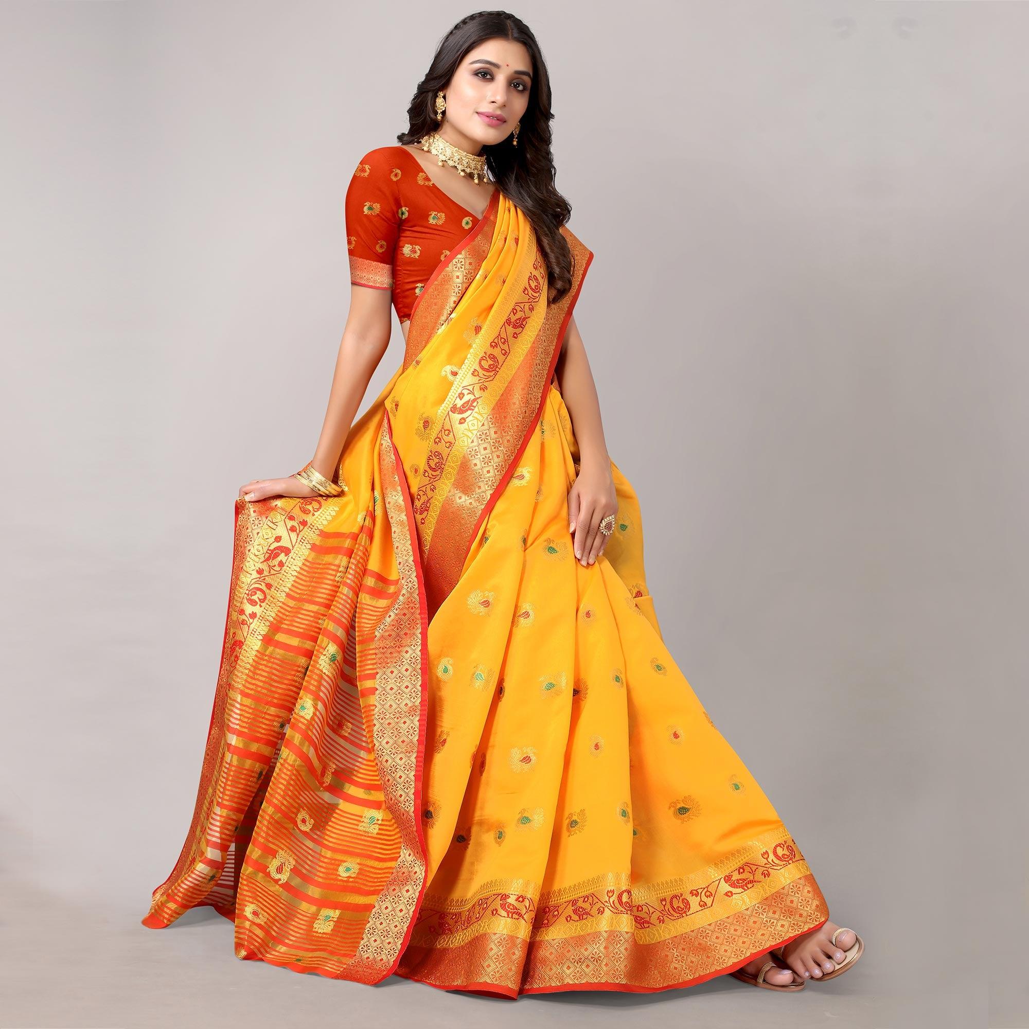 Yellow Festive Wear Woven Soft Silk Saree With Jacquard Border - Peachmode