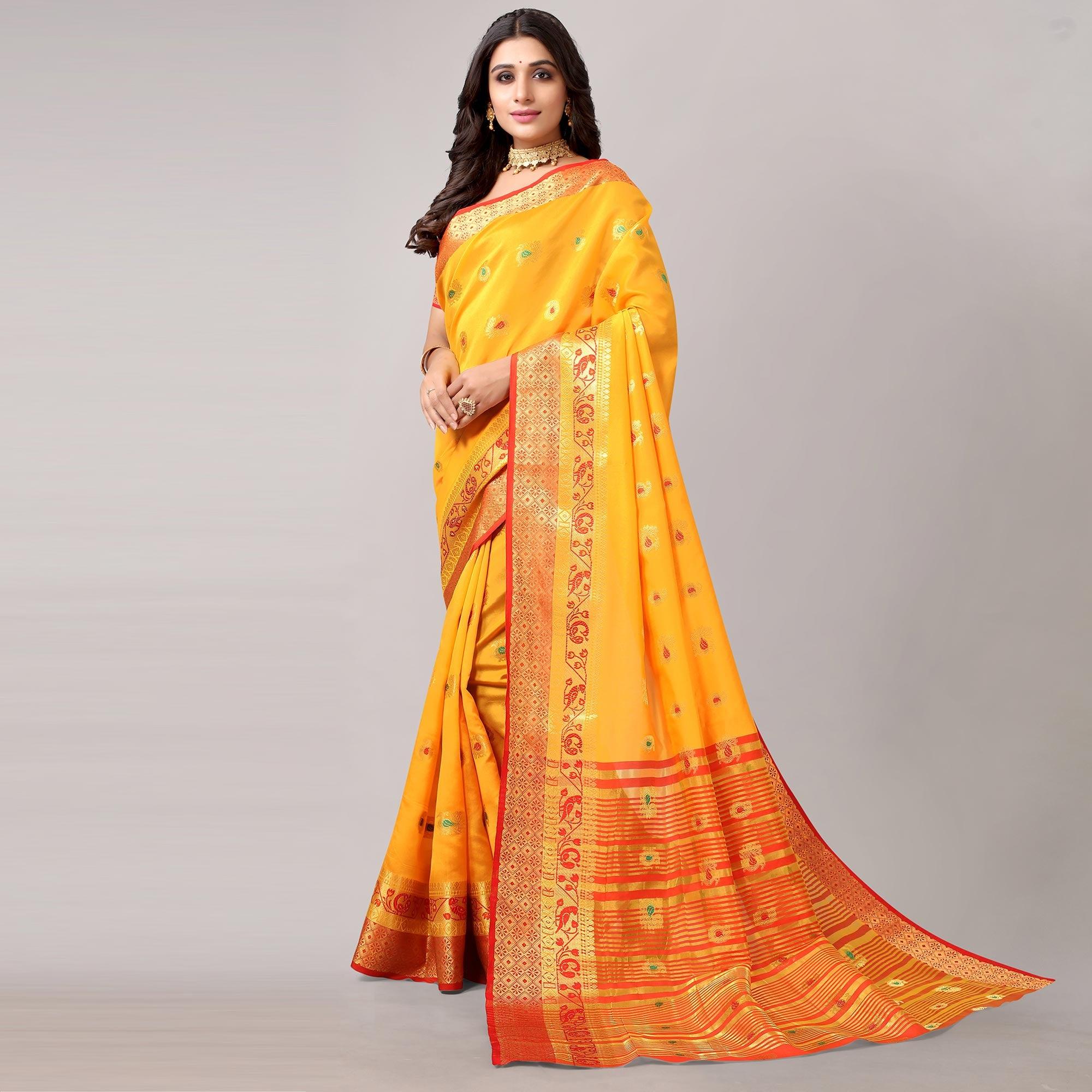 Yellow Festive Wear Woven Soft Silk Saree With Jacquard Border - Peachmode