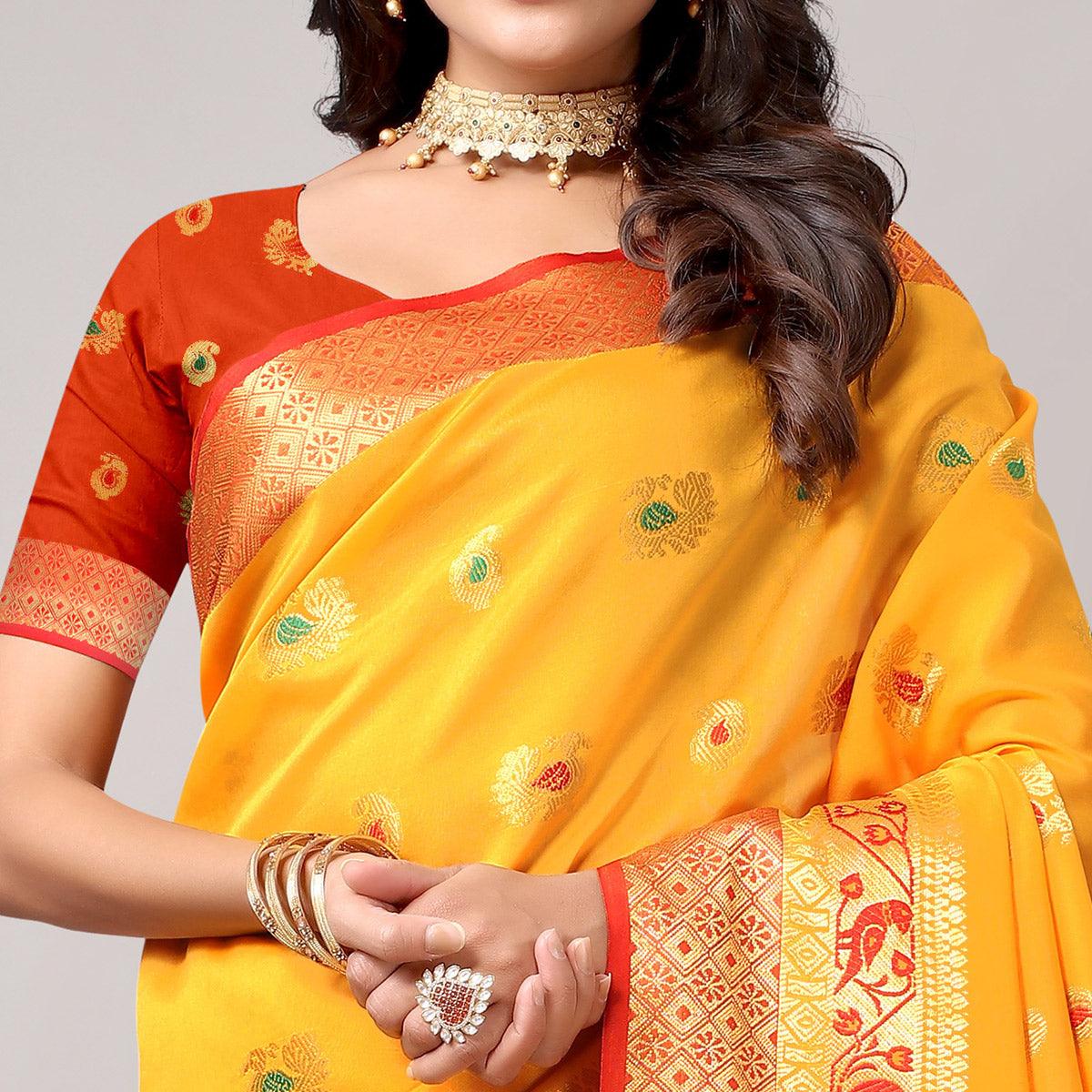 Yellow Festive Wear Woven Soft Silk Saree With Jacquard Border - Peachmode