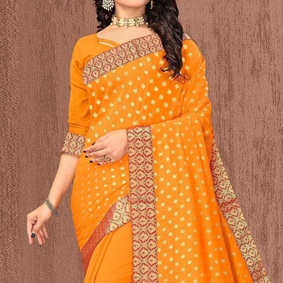 Yellow Festive Wear Woven Vichitra Silk Saree - Peachmode