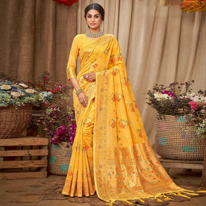 Yellow Festive Wear Woven With Embellished Cotton Saree With Tassels - Peachmode