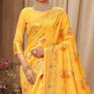 Yellow Festive Wear Woven With Embellished Cotton Saree With Tassels - Peachmode