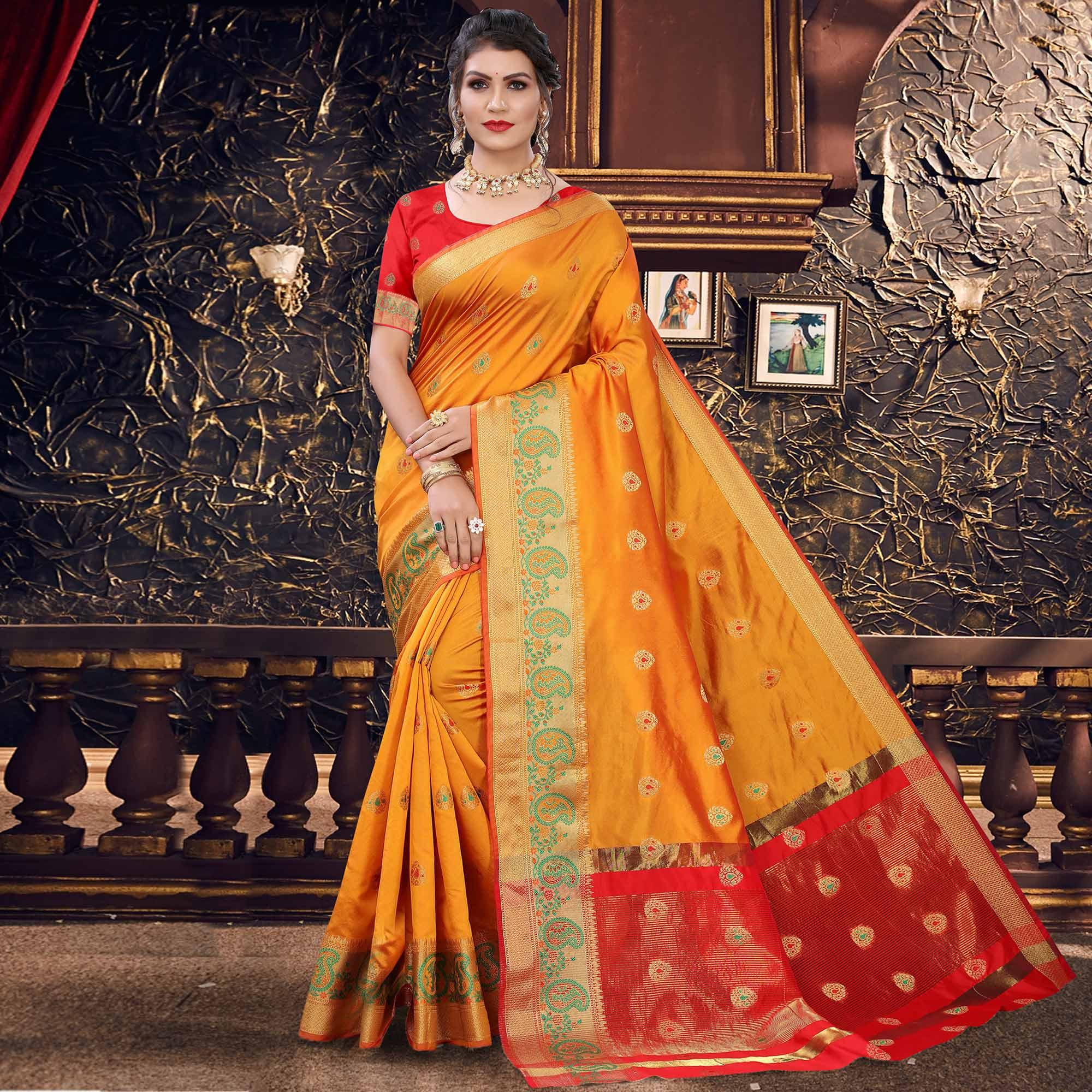 Yellow Festive Wear Woven With Meena Butta Lining Pallu Soft Silk Saree - Peachmode