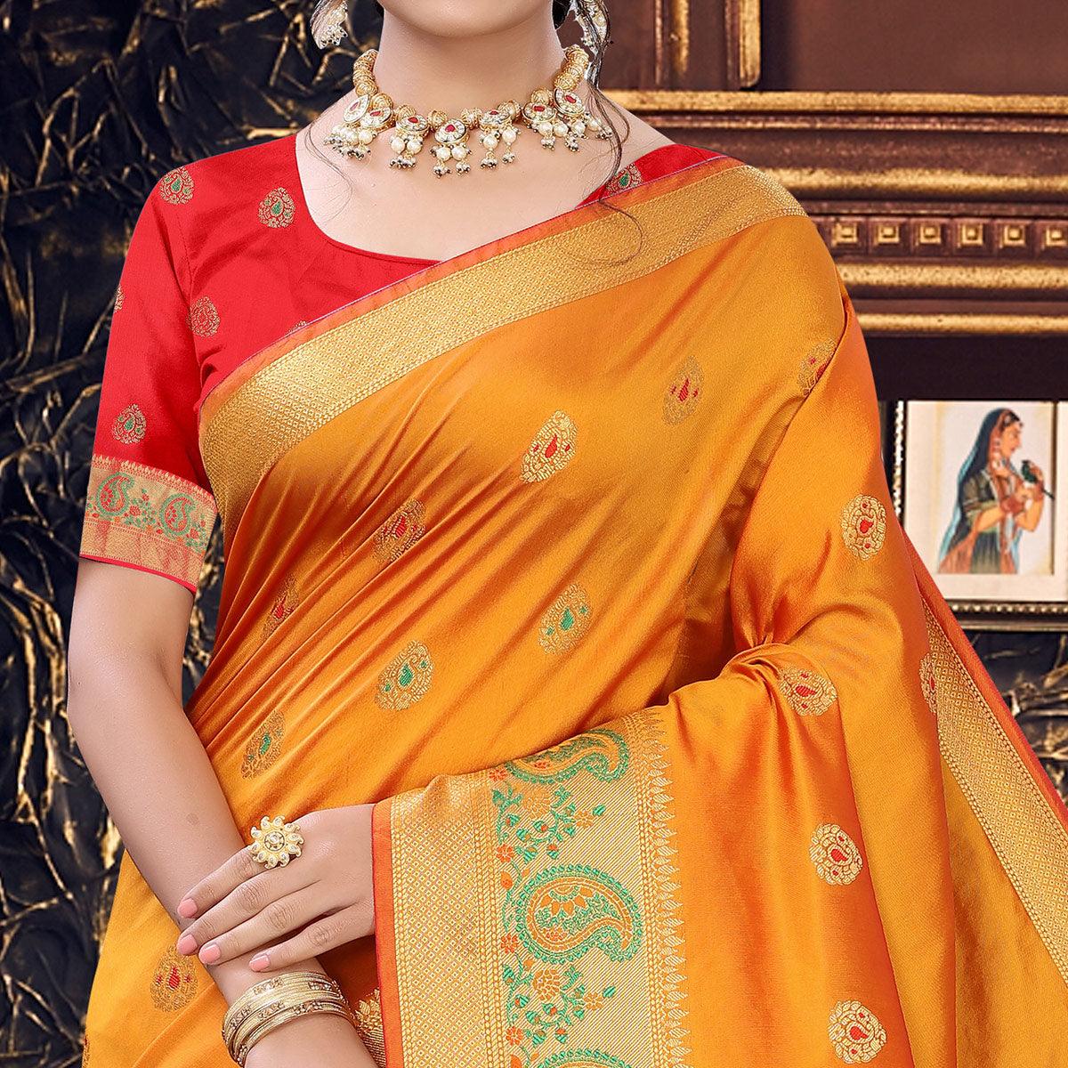Yellow Festive Wear Woven With Meena Butta Lining Pallu Soft Silk Saree - Peachmode