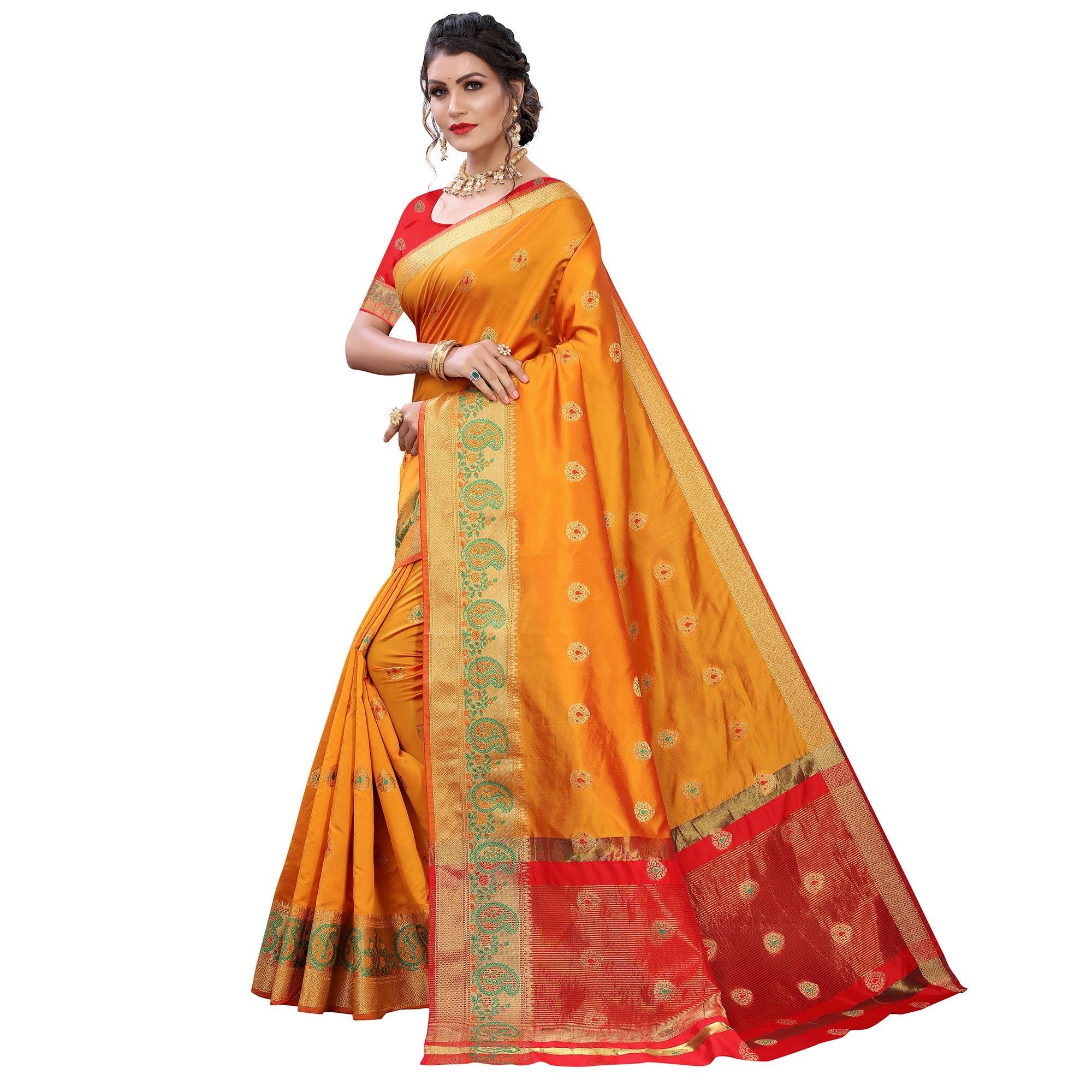 Yellow Festive Wear Woven With Meena Butta Lining Pallu Soft Silk Saree - Peachmode