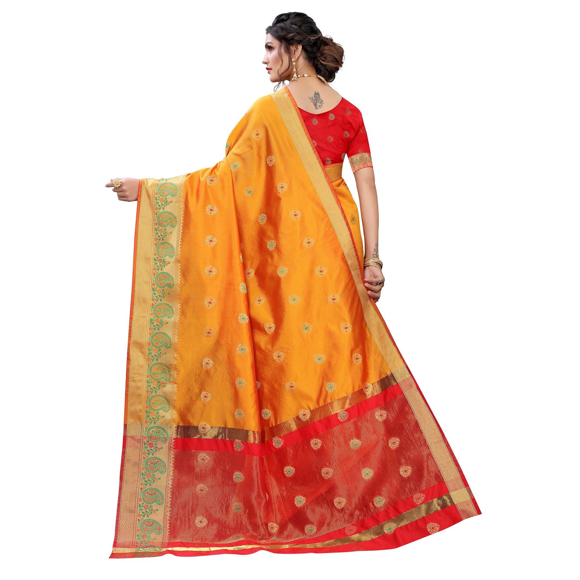 Yellow Festive Wear Woven With Meena Butta Lining Pallu Soft Silk Saree - Peachmode