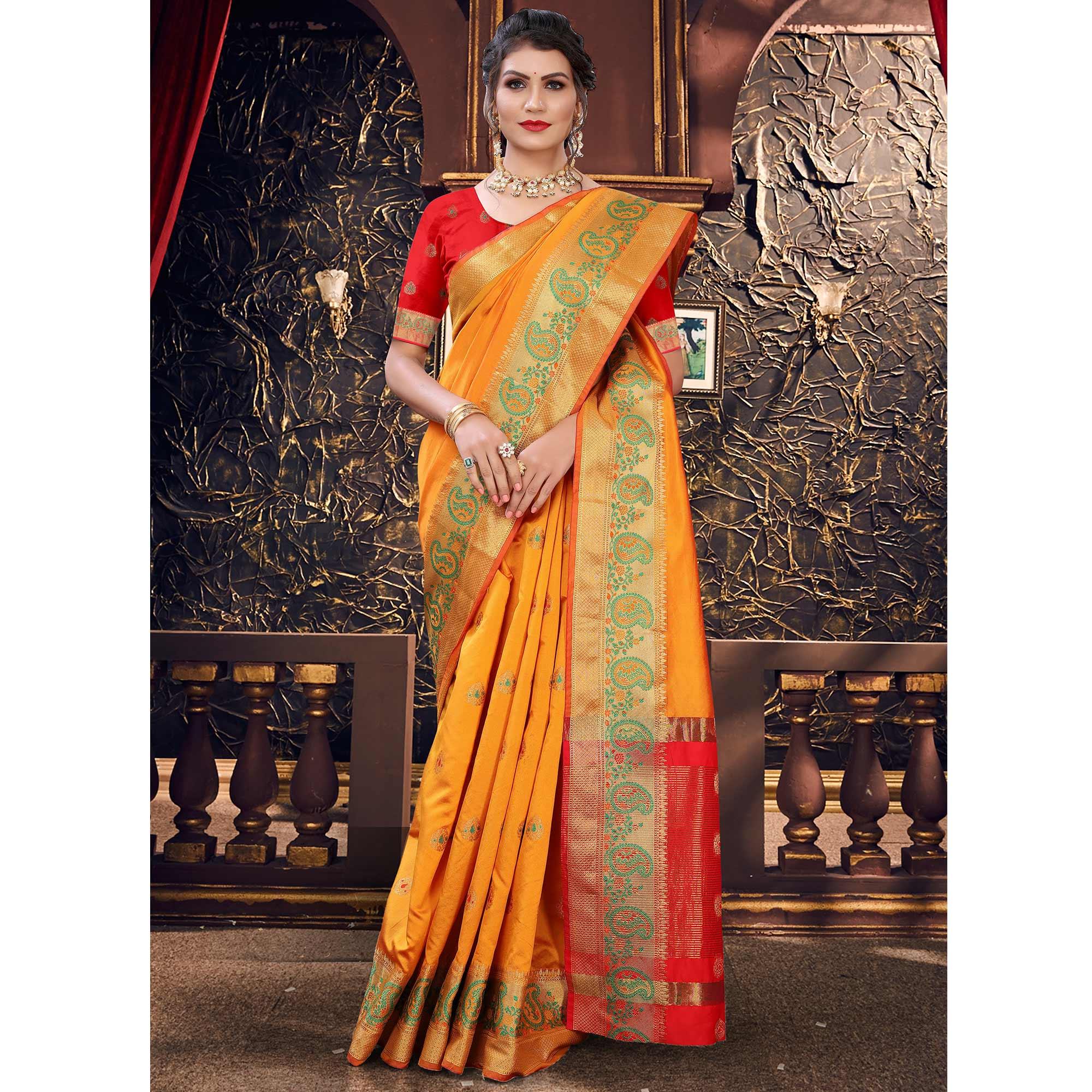 Yellow Festive Wear Woven With Meena Butta Lining Pallu Soft Silk Saree - Peachmode