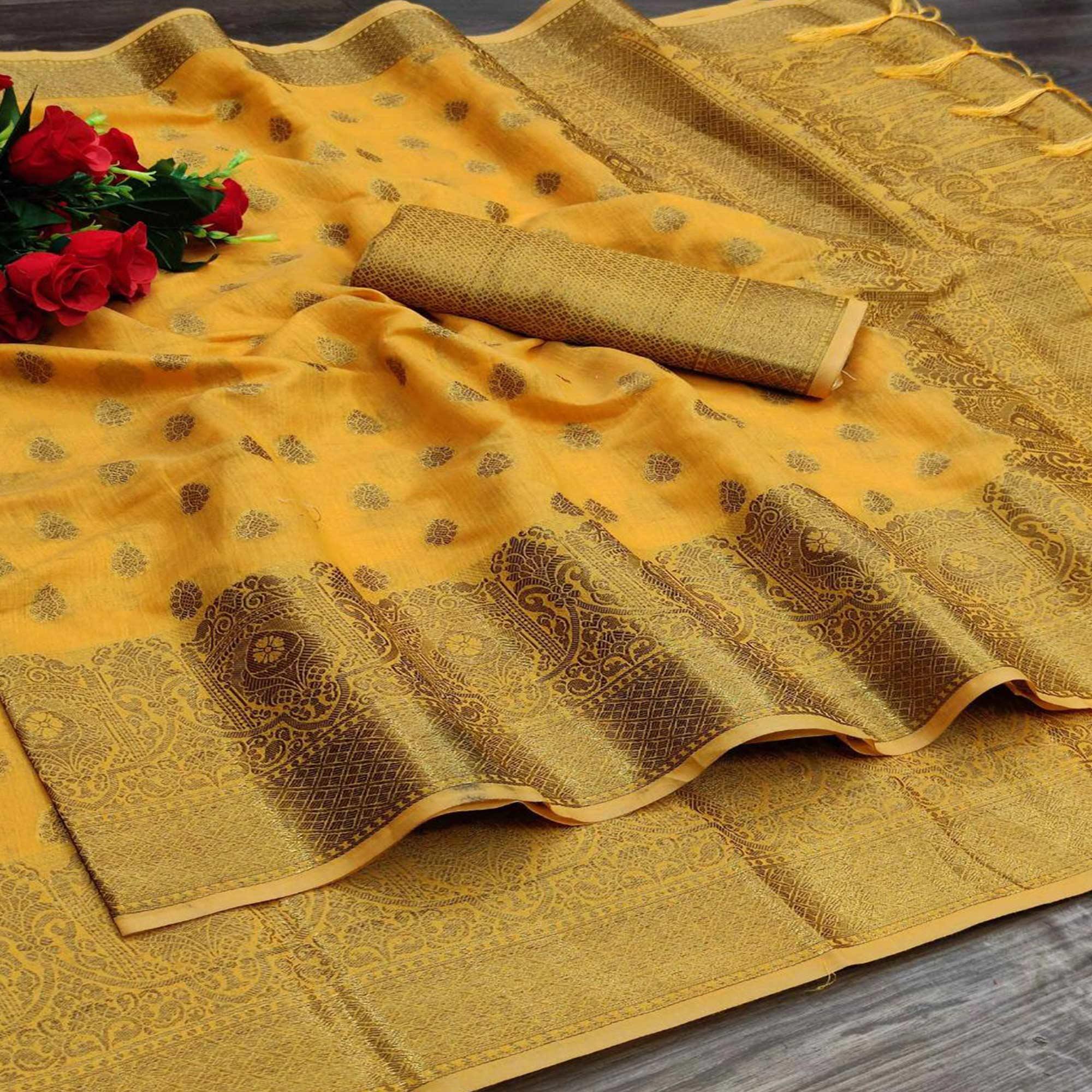 Yellow Festive Wear Woven With  Meena Butta Rich Pallu Cotton Saree - Peachmode