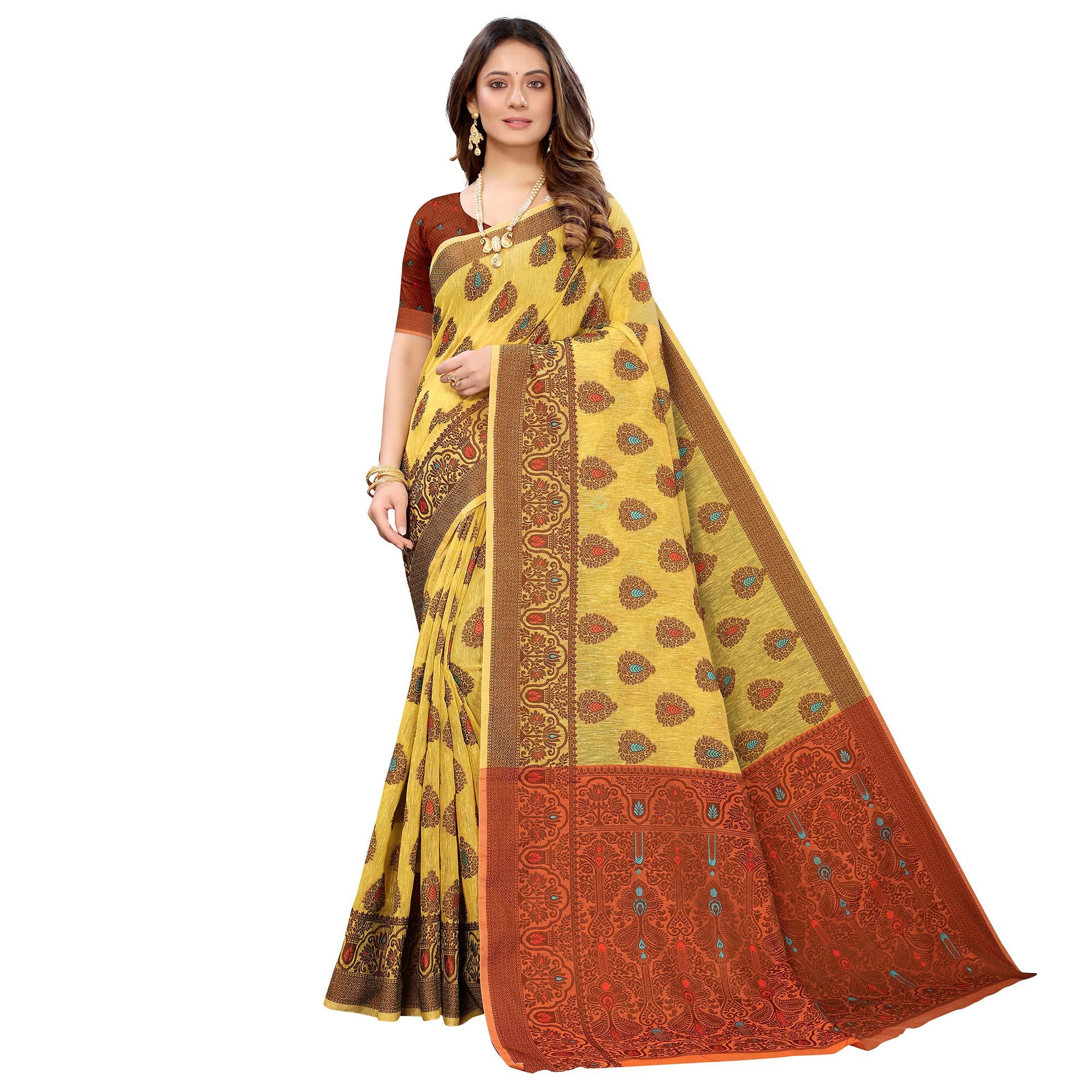 Yellow Festive Wear Woven With Meena Butta Rich Pallu Cotton Saree - Peachmode