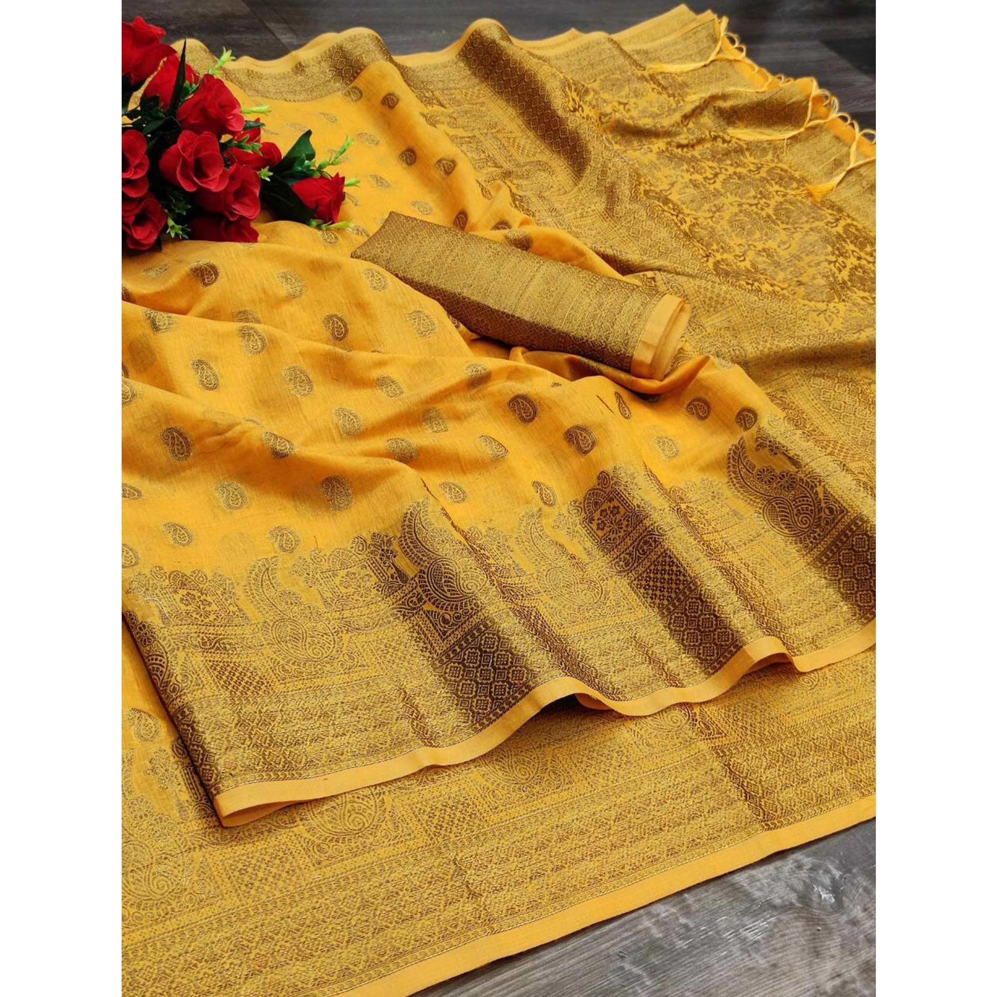 Yellow Festive Wear Woven With  Meena Butta Rich Pallu Cotton Saree - Peachmode