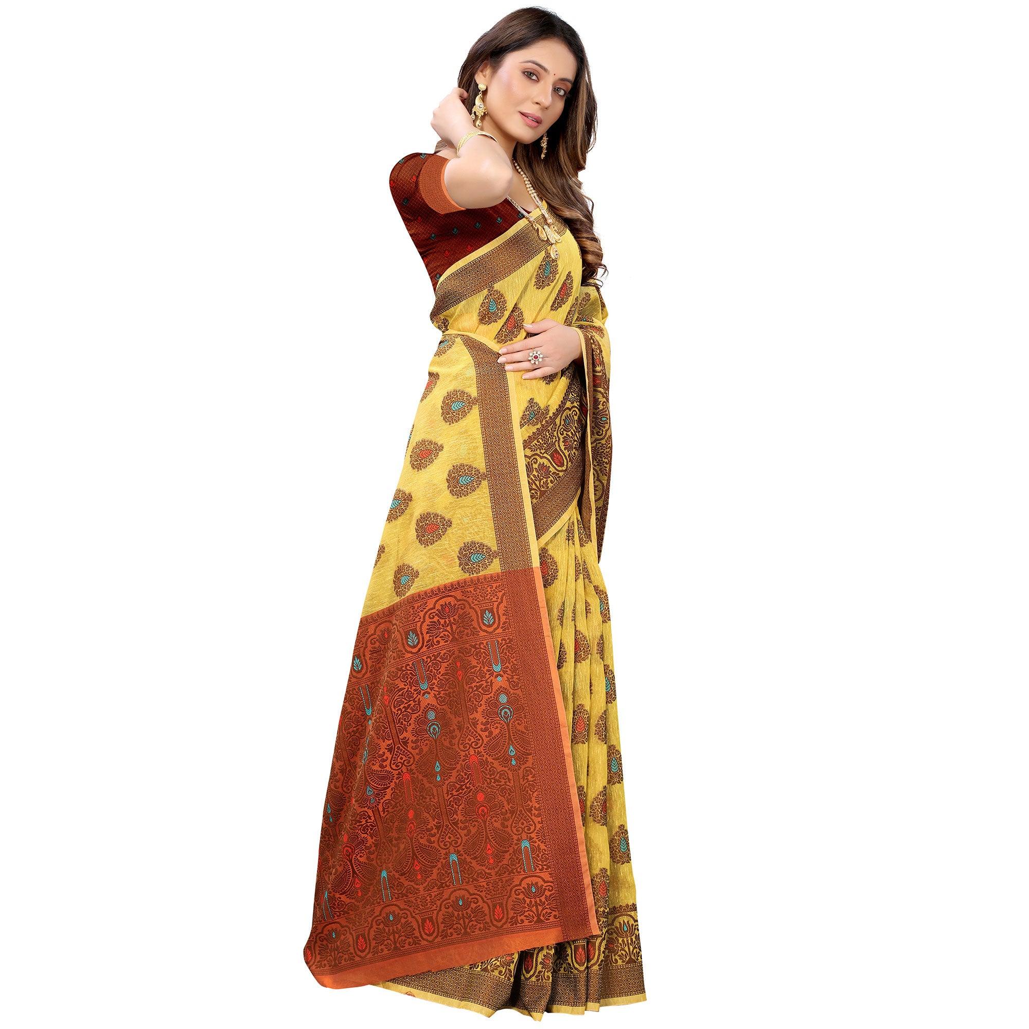 Yellow Festive Wear Woven With Meena Butta Rich Pallu Cotton Saree - Peachmode