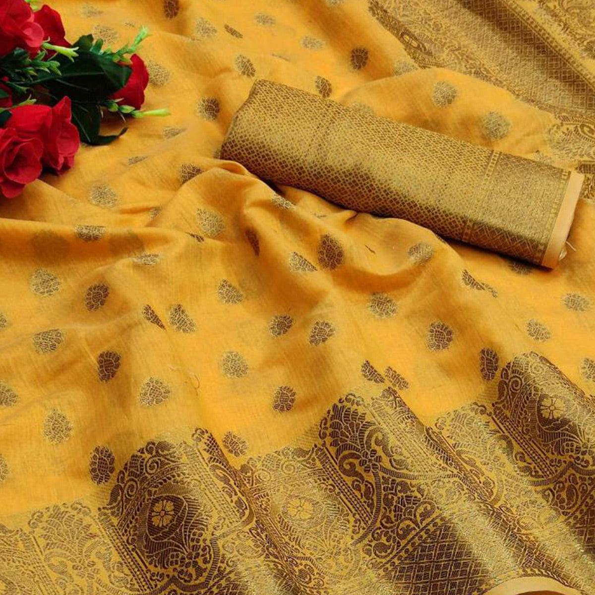 Yellow Festive Wear Woven With  Meena Butta Rich Pallu Cotton Saree - Peachmode