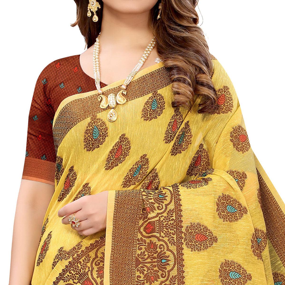 Yellow Festive Wear Woven With Meena Butta Rich Pallu Cotton Saree - Peachmode