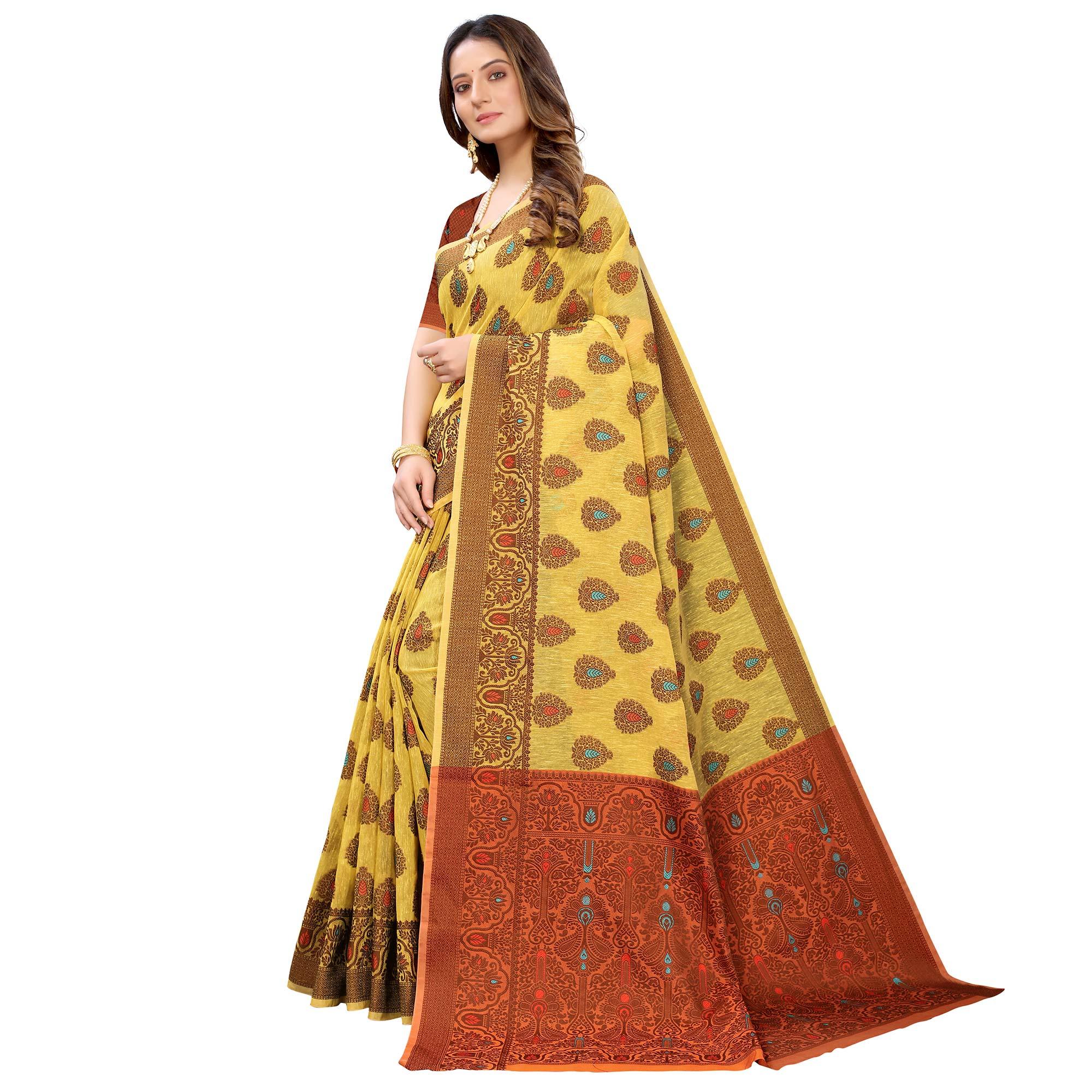 Yellow Festive Wear Woven With Meena Butta Rich Pallu Cotton Saree - Peachmode