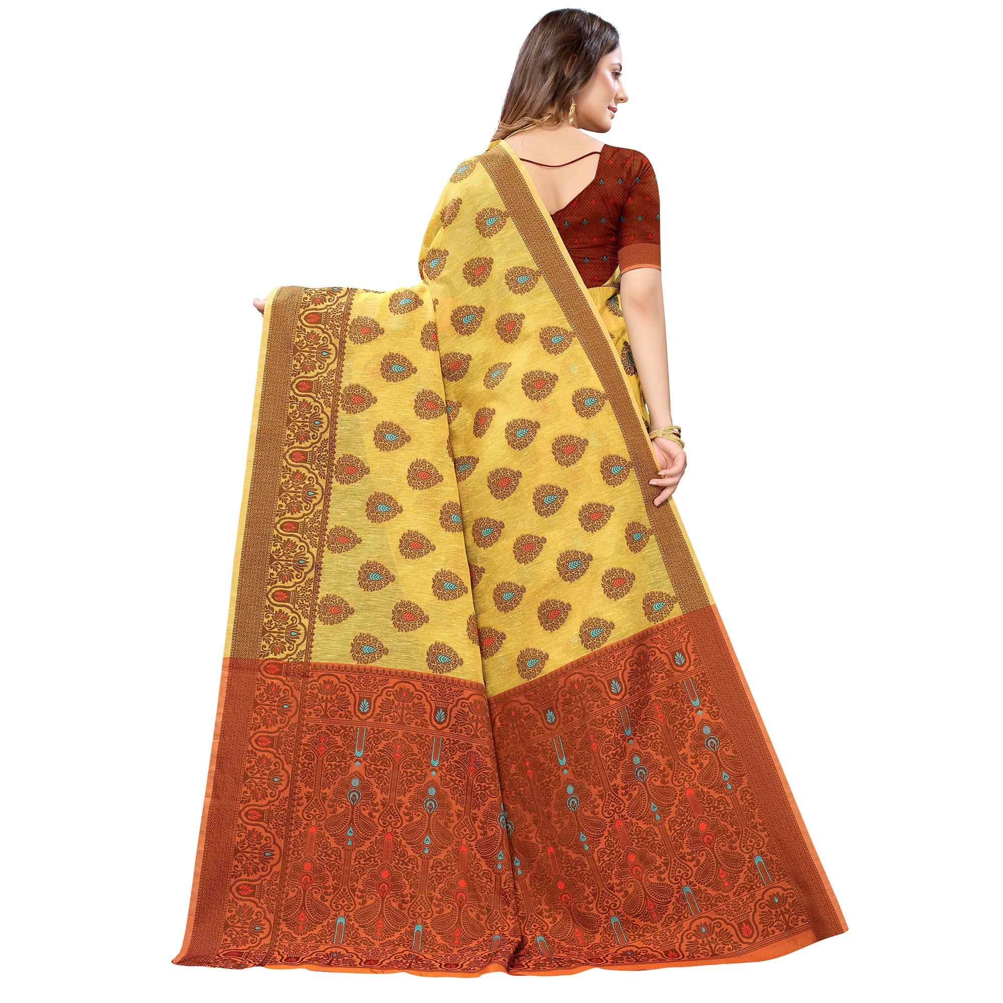 Yellow Festive Wear Woven With Meena Butta Rich Pallu Cotton Saree - Peachmode