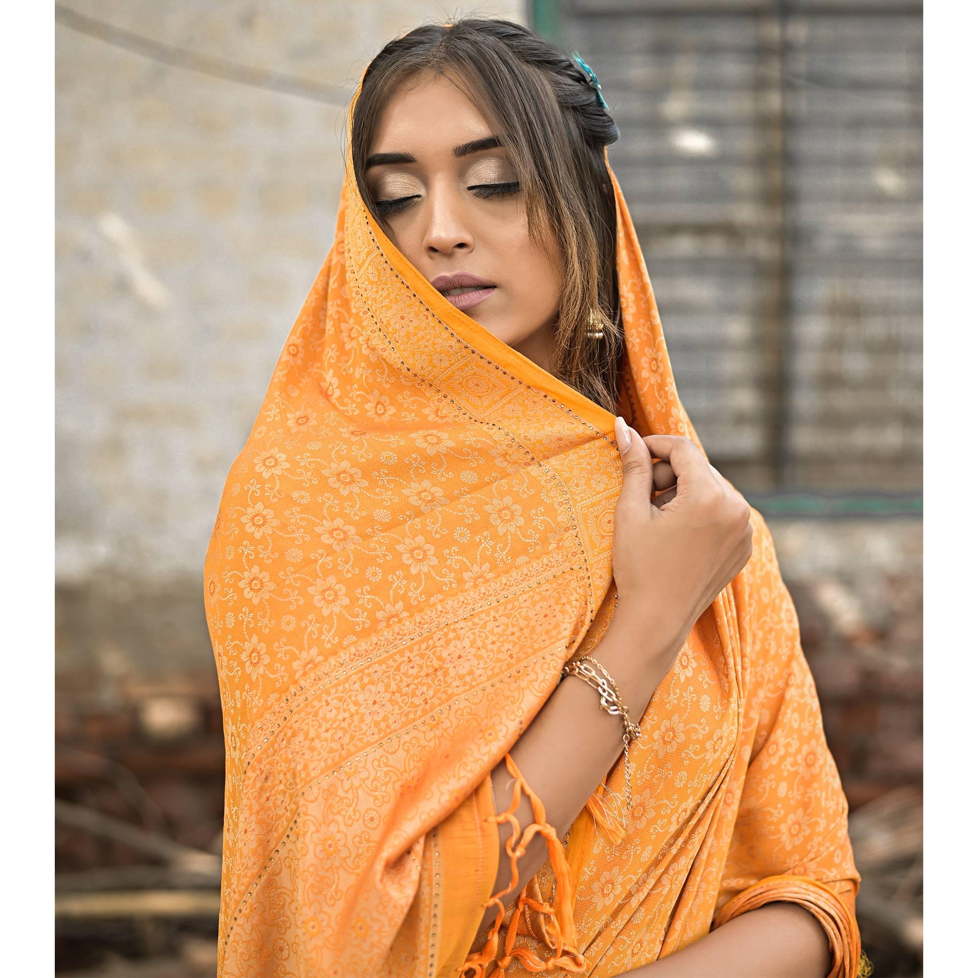 Yellow Festive Wear Woven With Swarovski Art Silk Saree - Peachmode