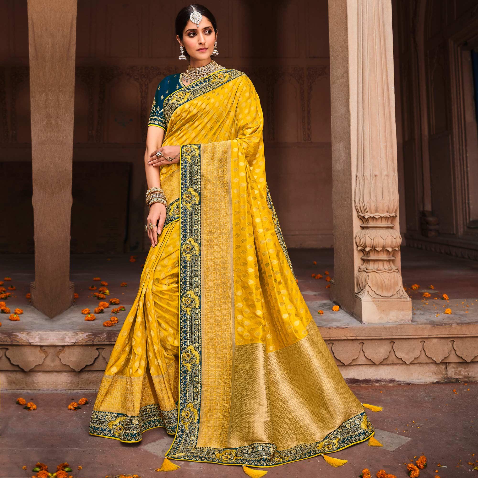 Yellow Festive Wear Woven With Zari & Diamond Work Banarasi Silk Saree - Peachmode