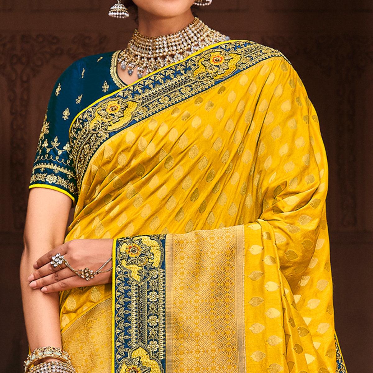Yellow Festive Wear Woven With Zari & Diamond Work Banarasi Silk Saree - Peachmode