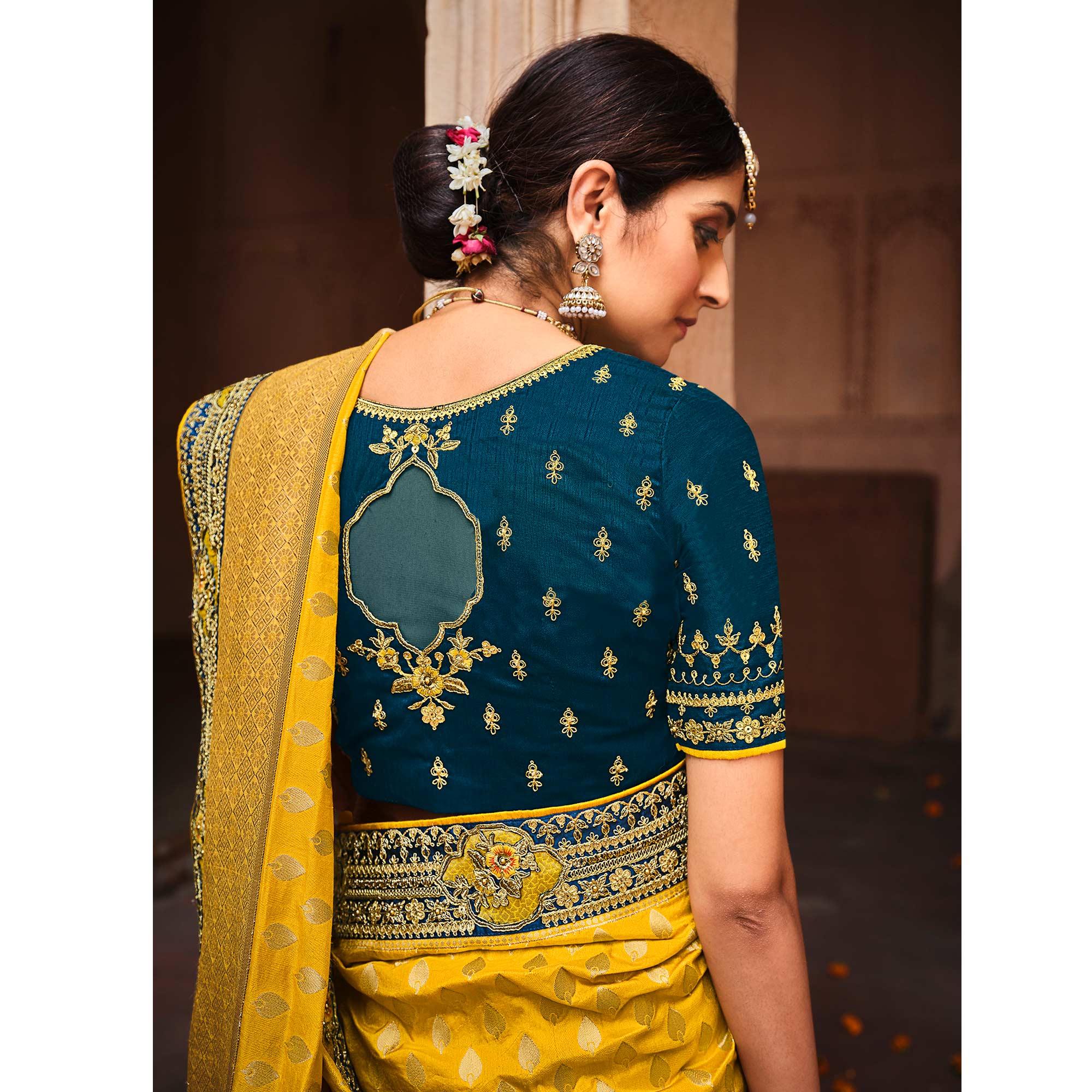 Yellow Festive Wear Woven With Zari & Diamond Work Banarasi Silk Saree - Peachmode