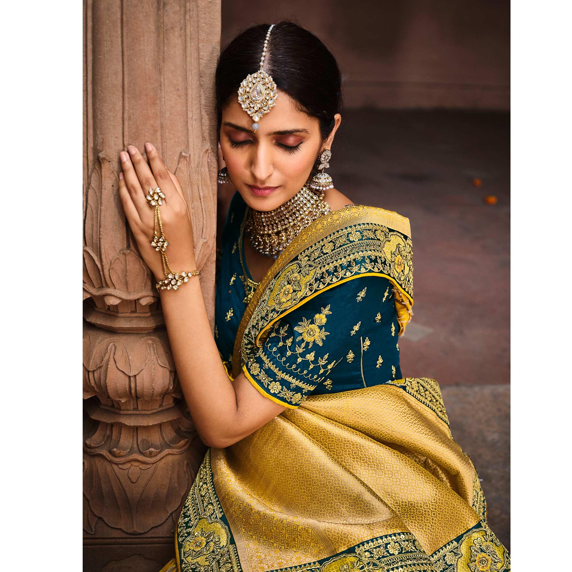 Yellow Festive Wear Woven With Zari & Diamond Work Banarasi Silk Saree - Peachmode