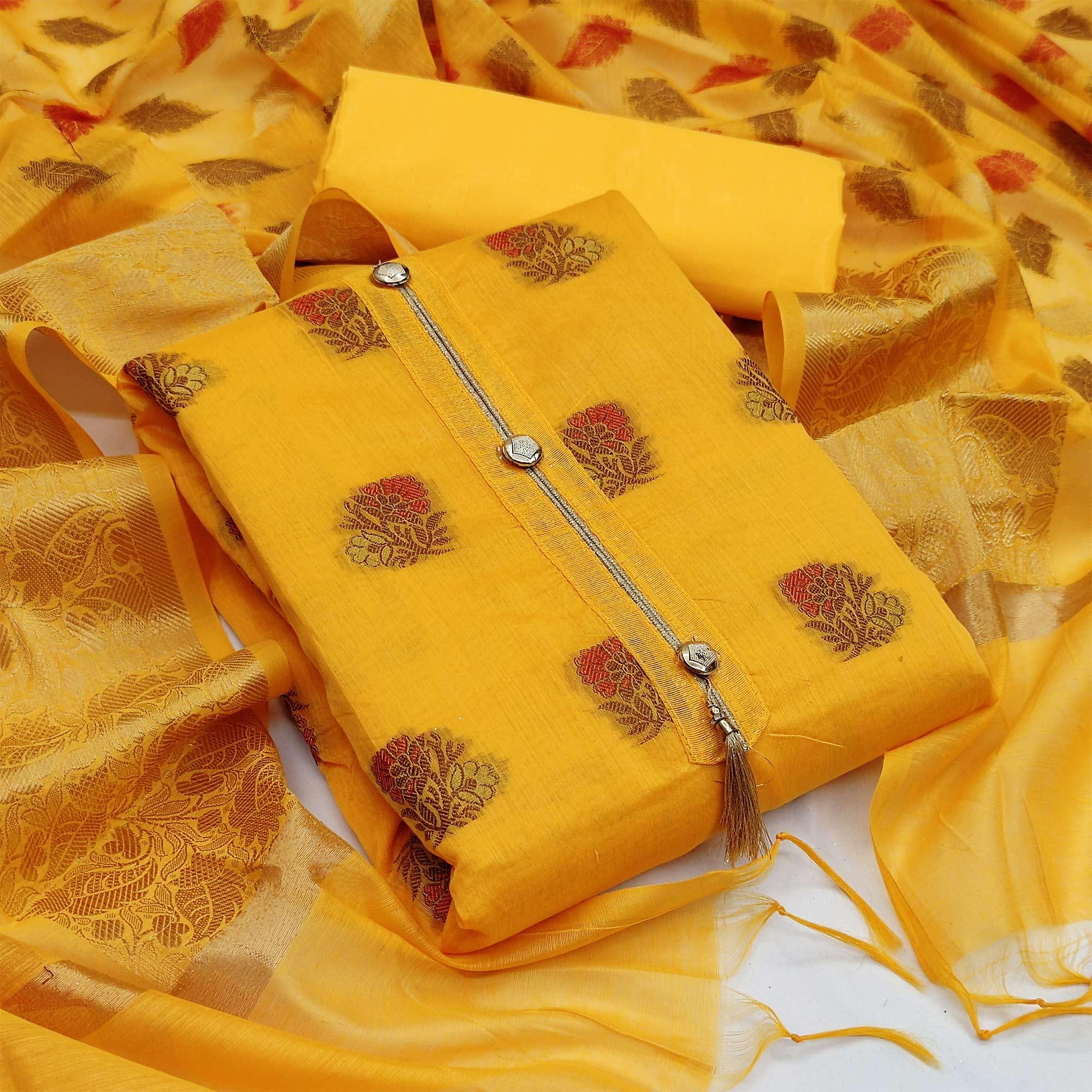 Yellow Festive Wear Woven Work Banarasi Jacquard Dress Material - Peachmode