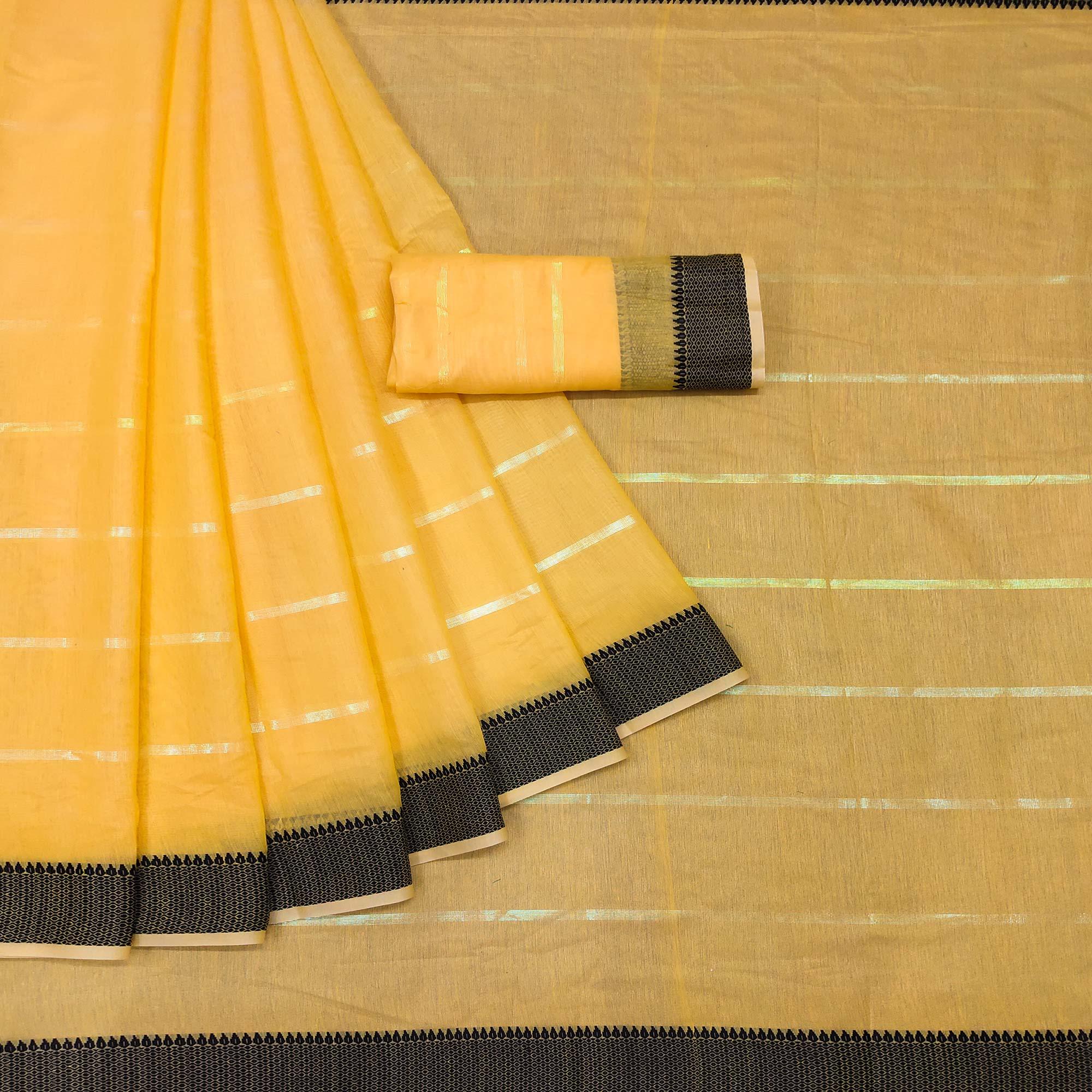 Yellow Festive Wear Zari Stripe Cotton Saree - Peachmode