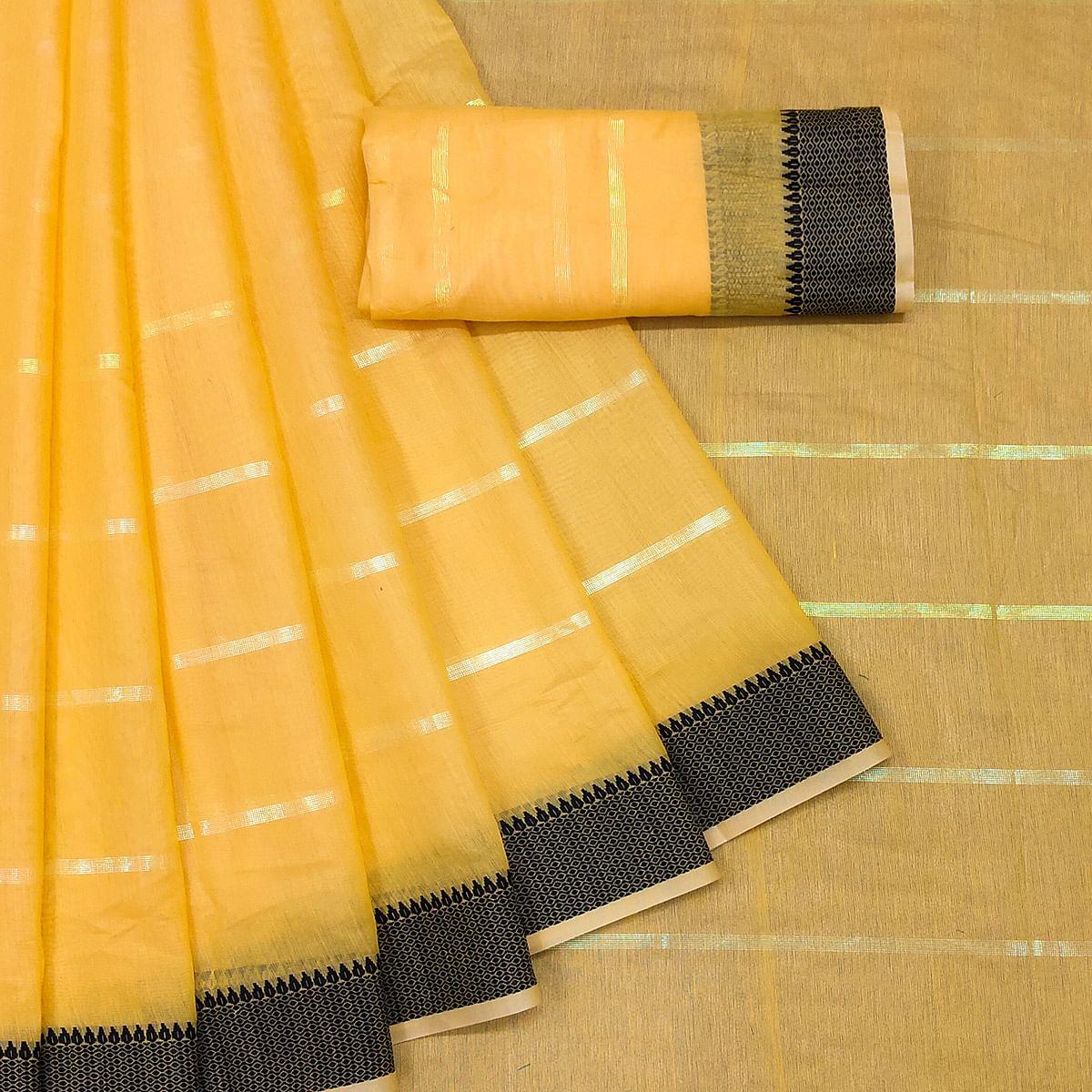 Yellow Festive Wear Zari Stripe Cotton Saree - Peachmode