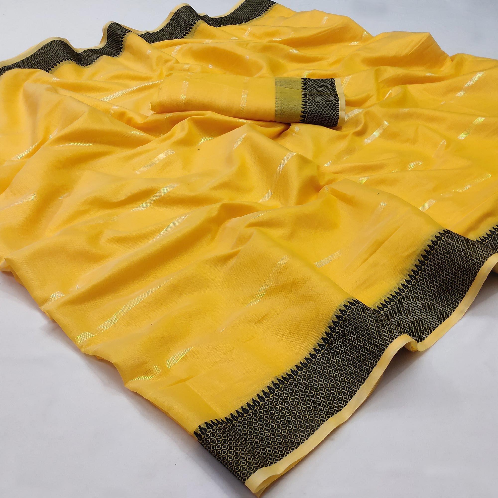 Yellow Festive Wear Zari Stripe Cotton Saree - Peachmode
