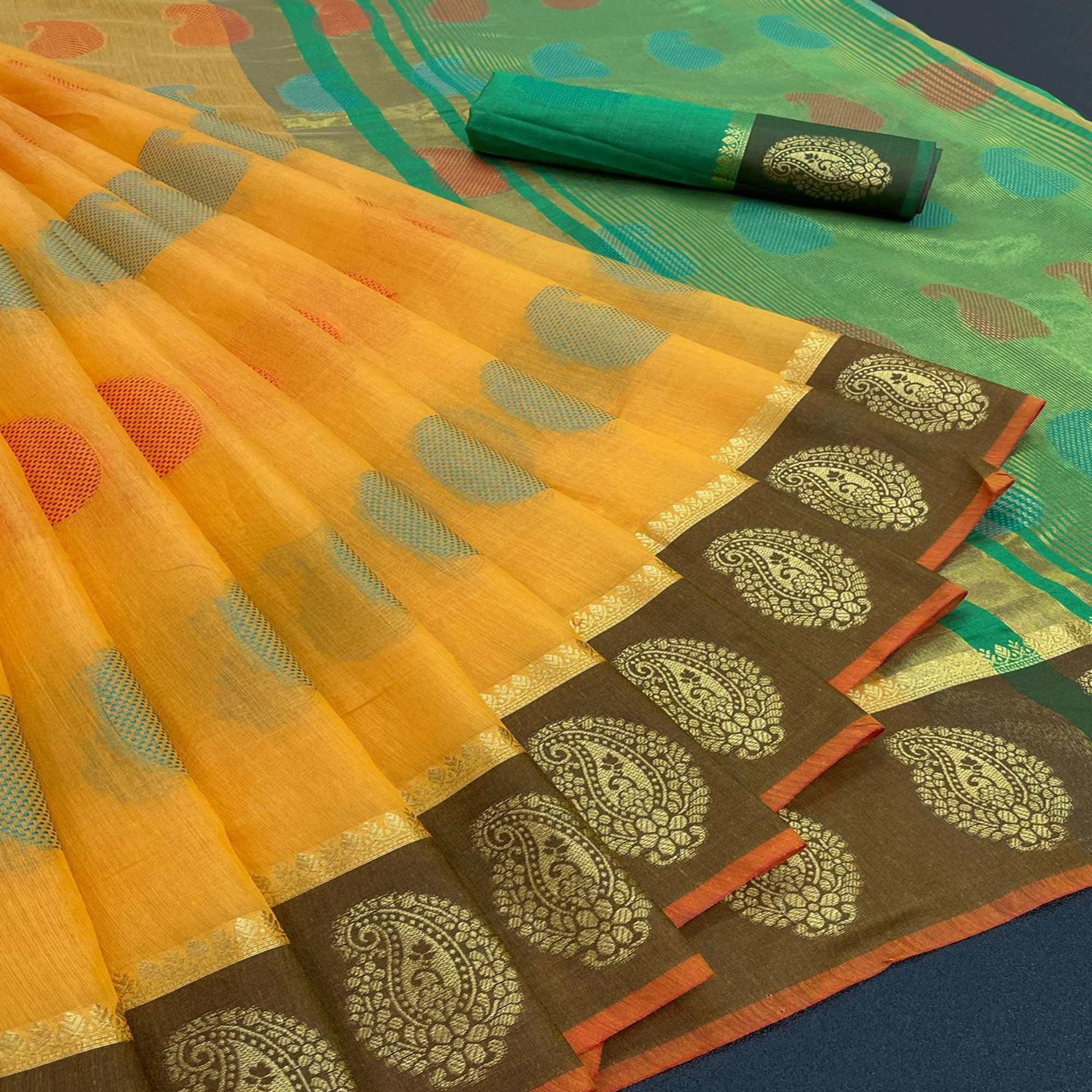 Yellow Festive Wear Zari Woven Soft Cotton Silk Saree - Peachmode