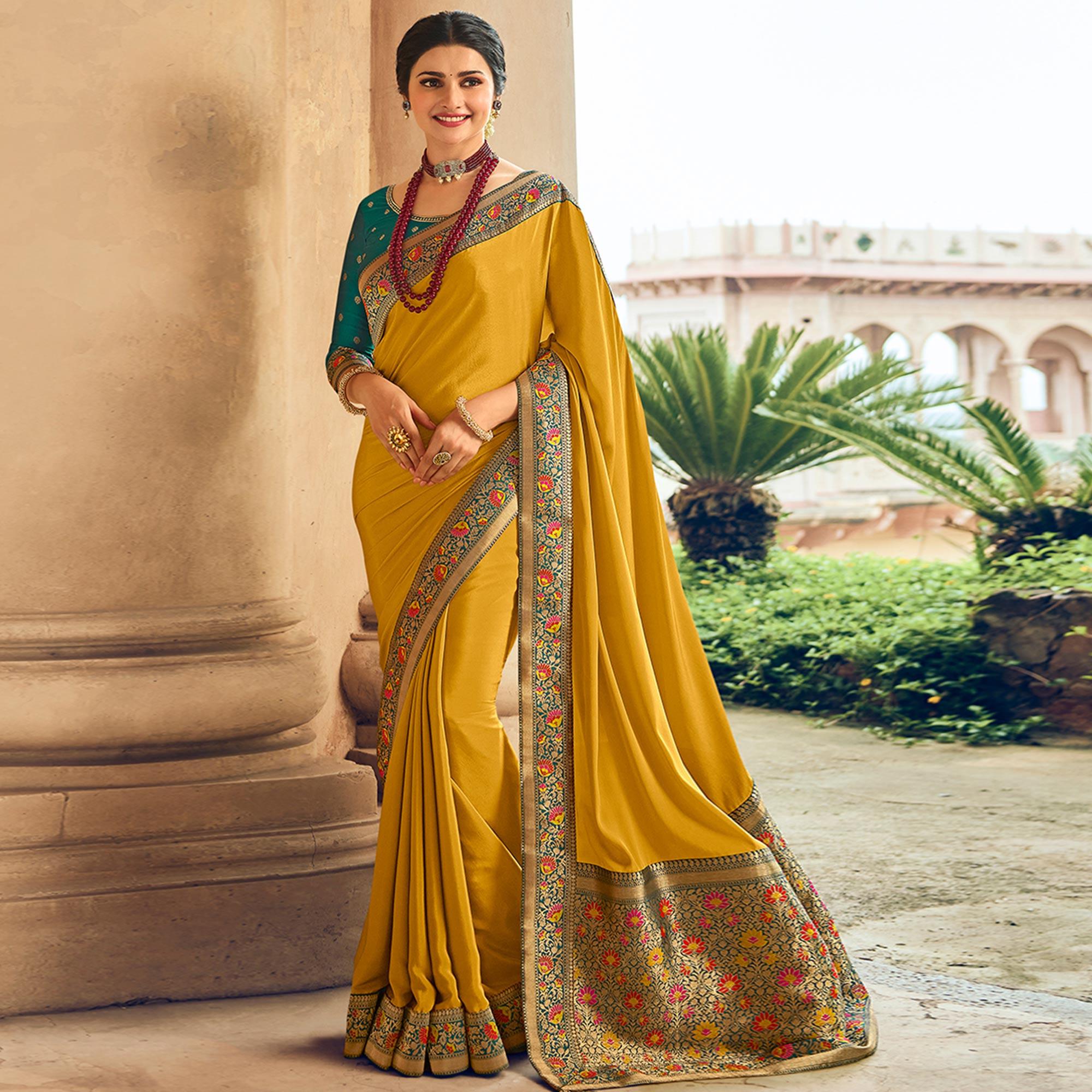 Yellow Festive Wear Zari Woven With Jacquard Lace & Pallu Sana Silk Saree - Peachmode