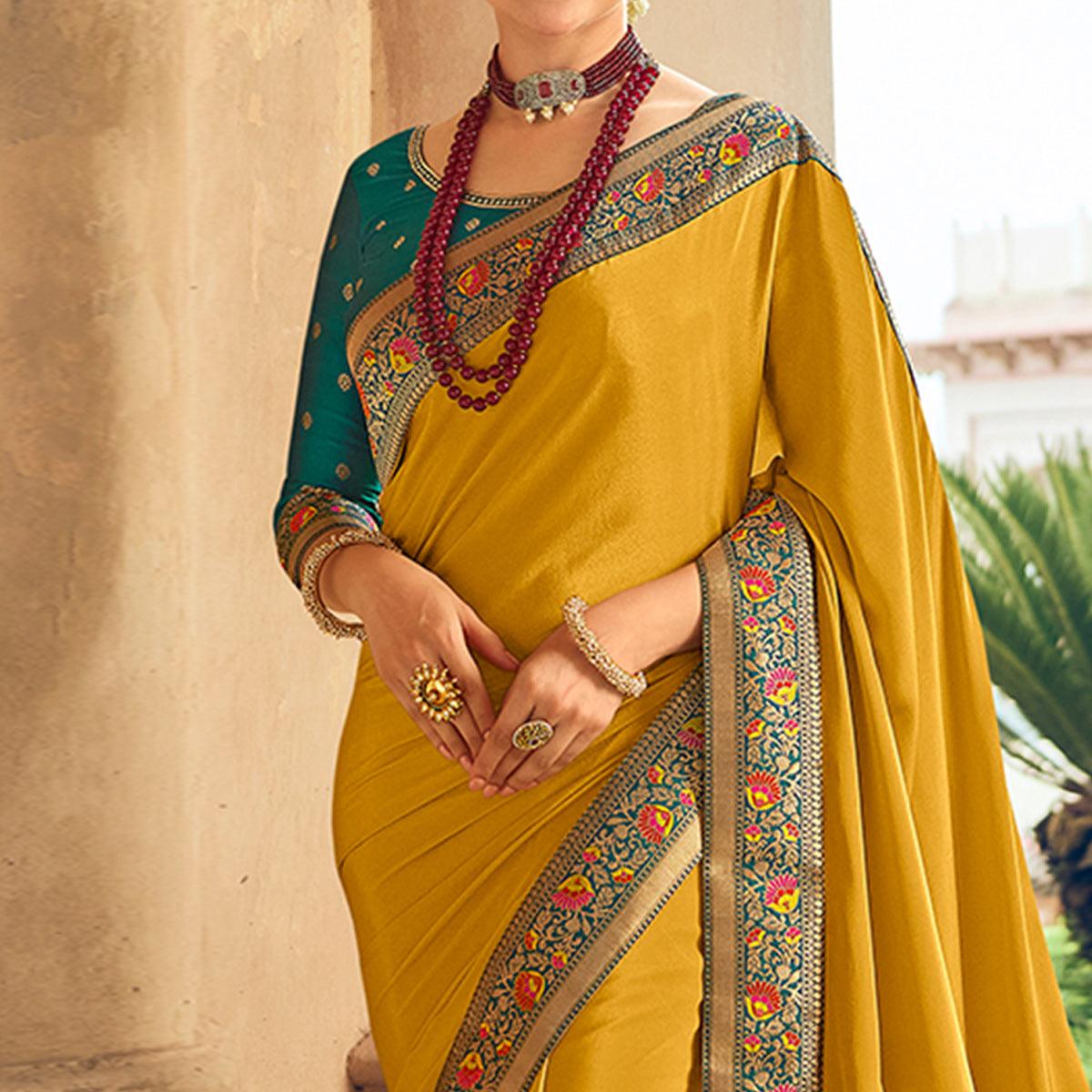 Yellow Festive Wear Zari Woven With Jacquard Lace & Pallu Sana Silk Saree - Peachmode