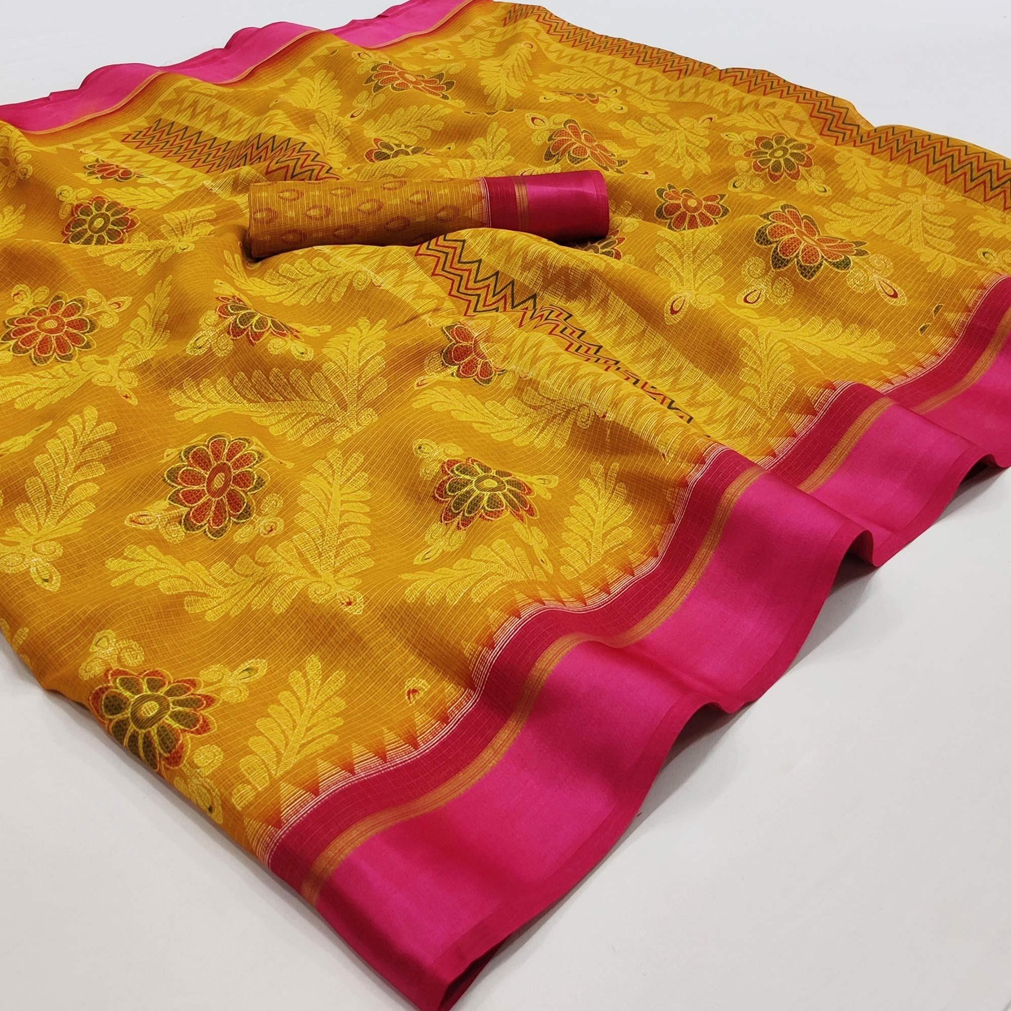 Yellow Floral Digital Printed Kota Doria Saree - Peachmode