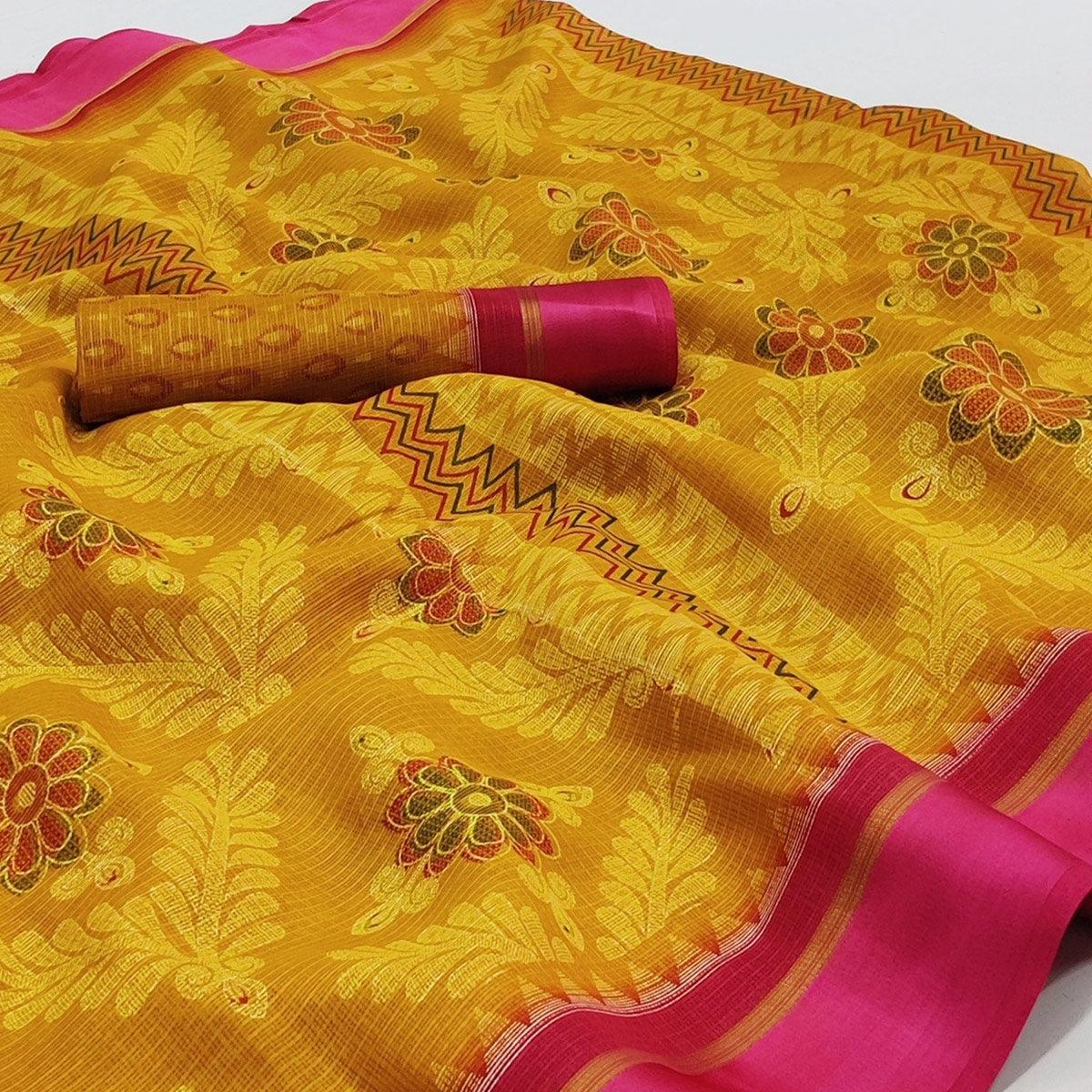 Yellow Floral Digital Printed Kota Doria Saree - Peachmode