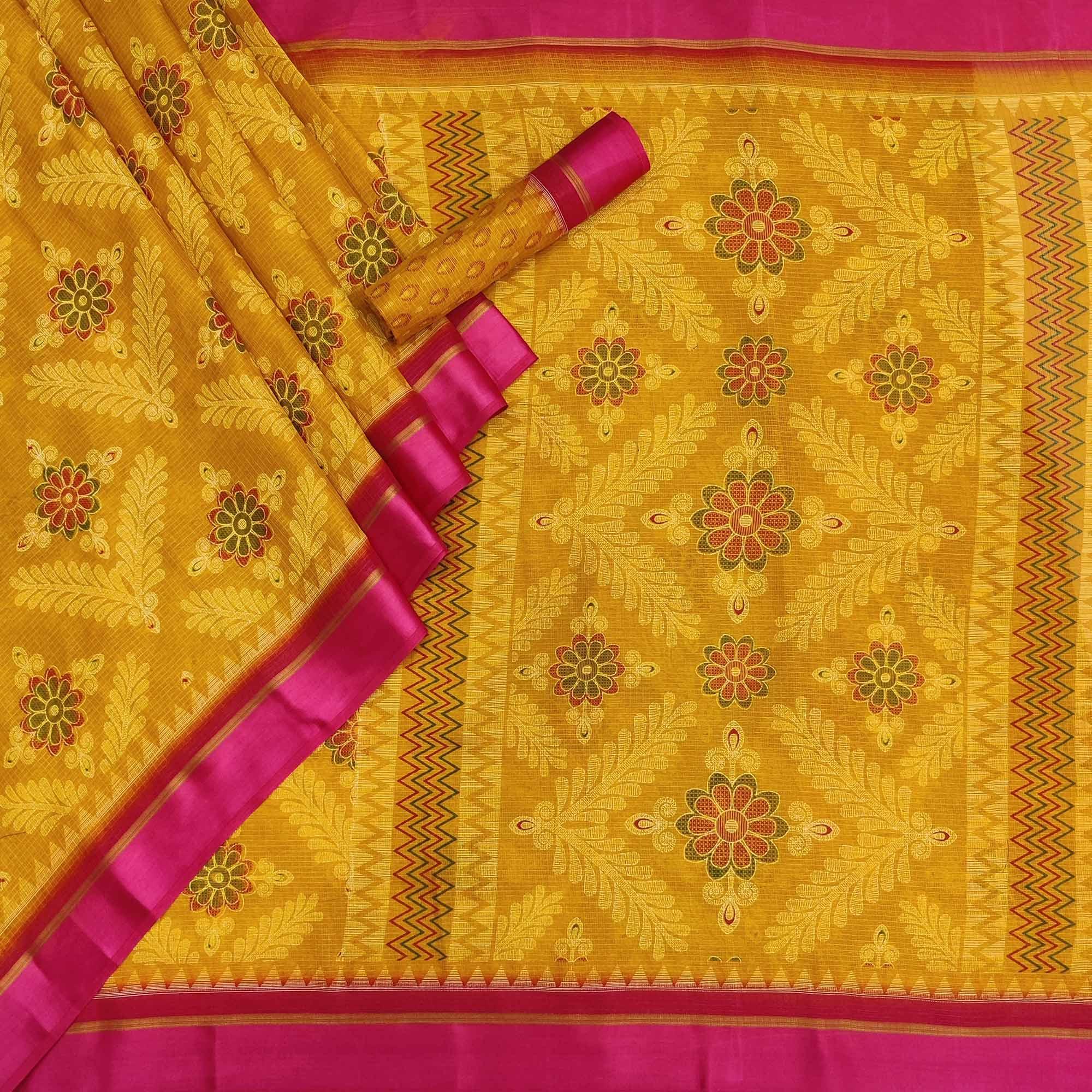 Yellow Floral Digital Printed Kota Doria Saree - Peachmode