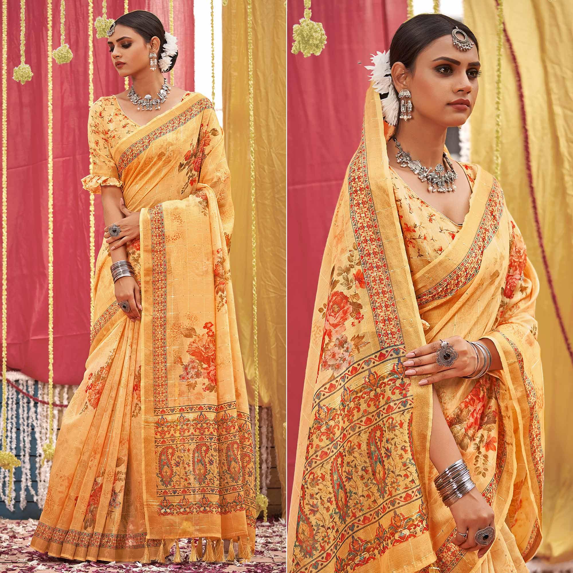 Yellow Floral Digital Printed Linen Saree With Tassels - Peachmode