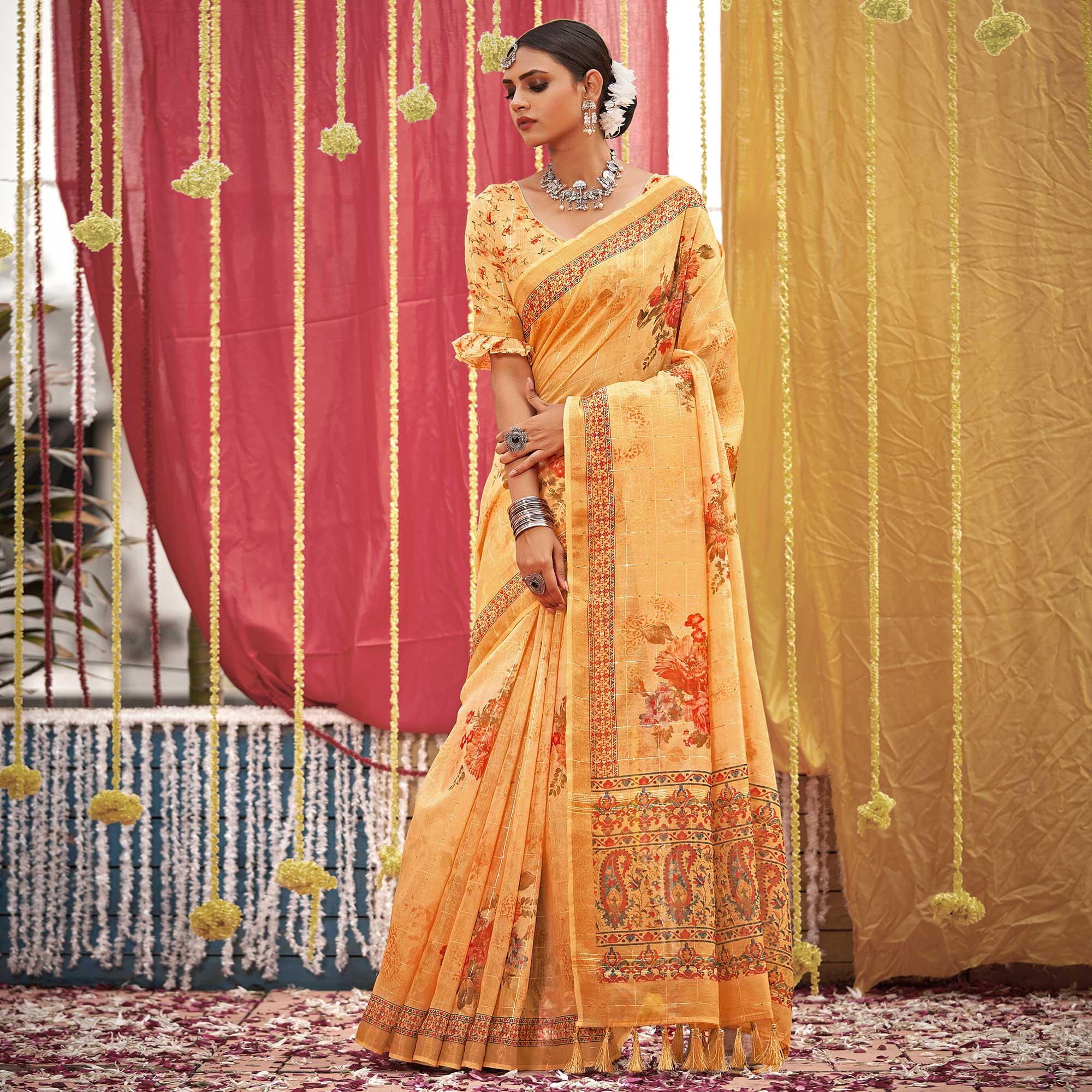 Yellow Floral Digital Printed Linen Saree With Tassels - Peachmode