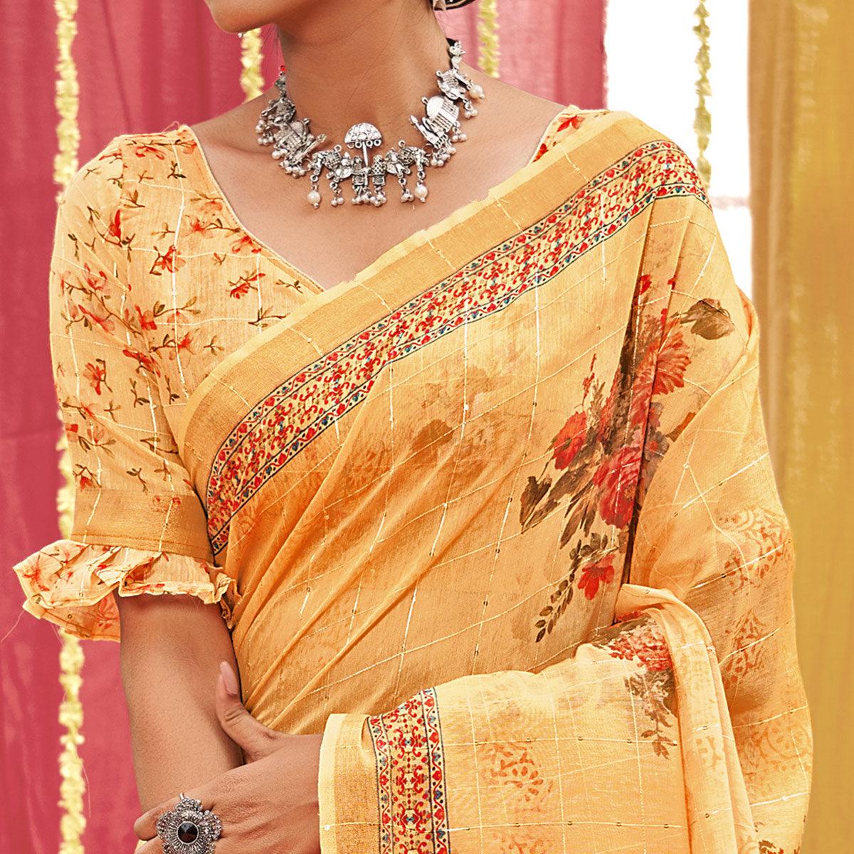 Yellow Floral Digital Printed Linen Saree With Tassels - Peachmode