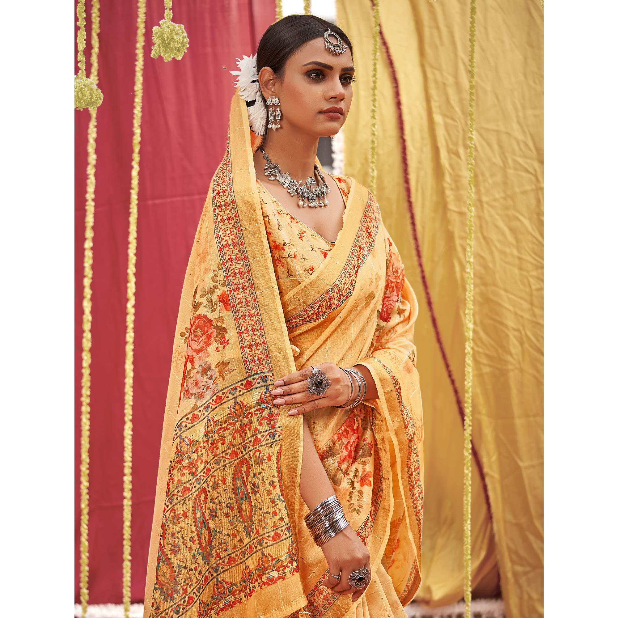 Yellow Floral Digital Printed Linen Saree With Tassels - Peachmode