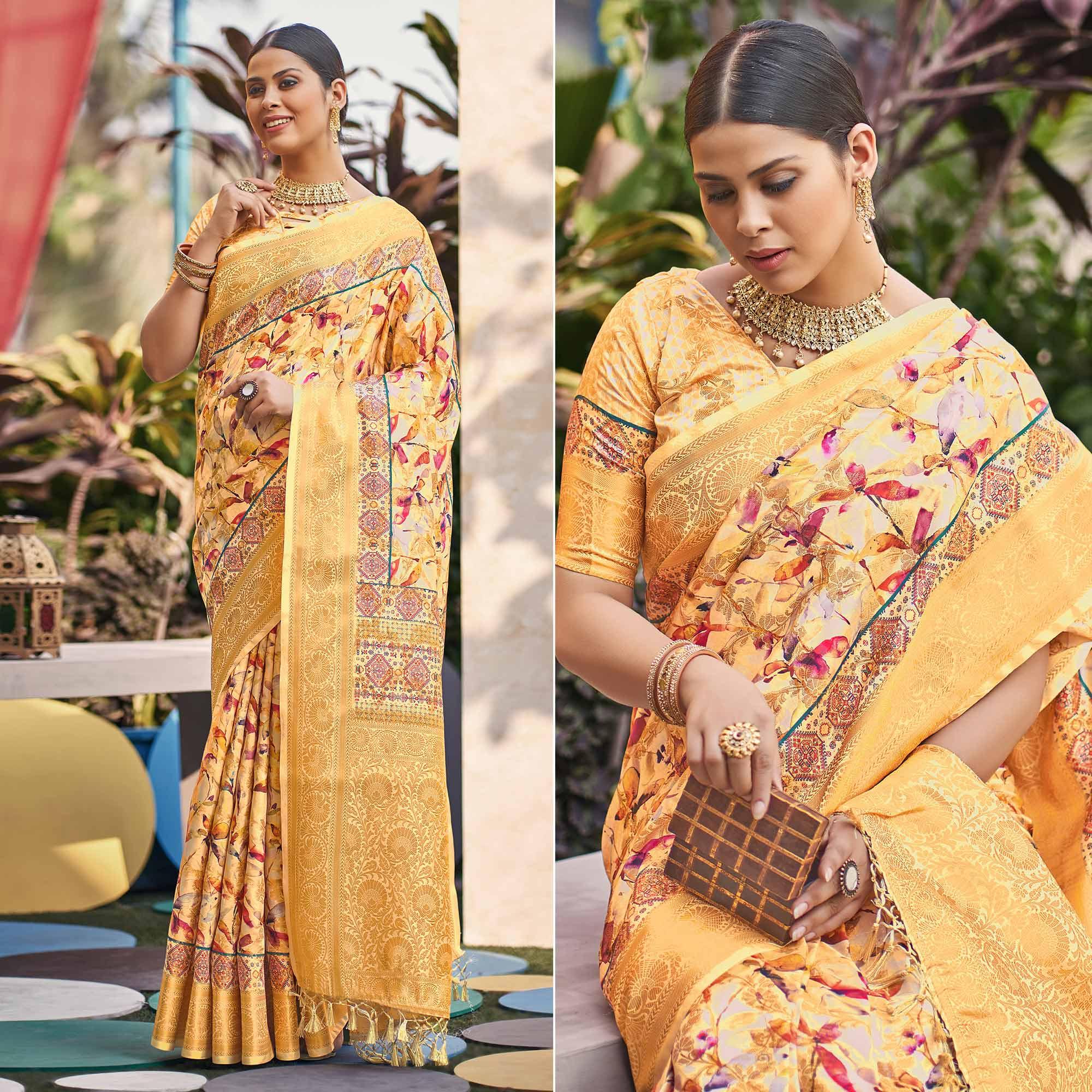 Yellow Floral Digital Printed Pure Silk Saree - Peachmode