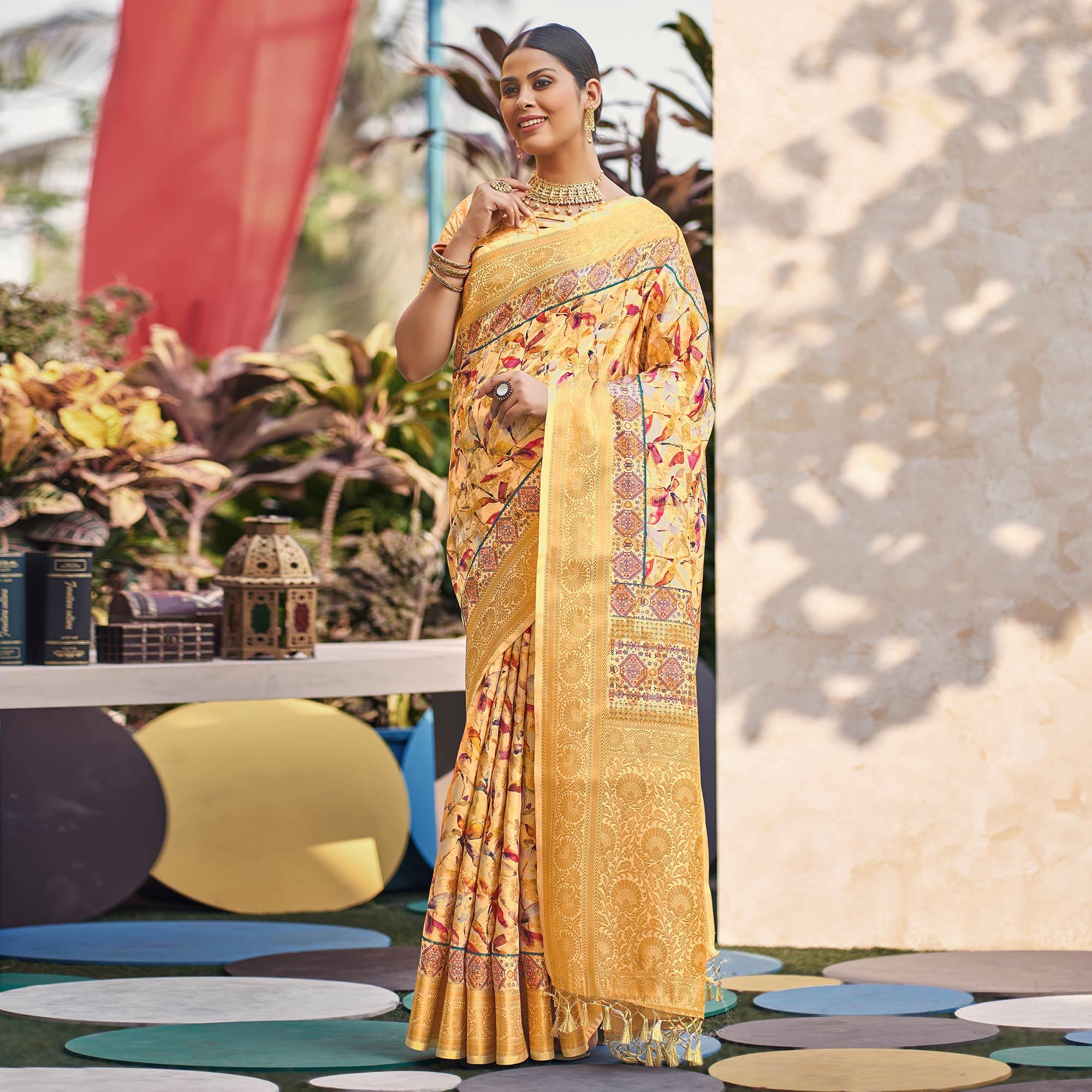 Yellow Floral Digital Printed Pure Silk Saree - Peachmode