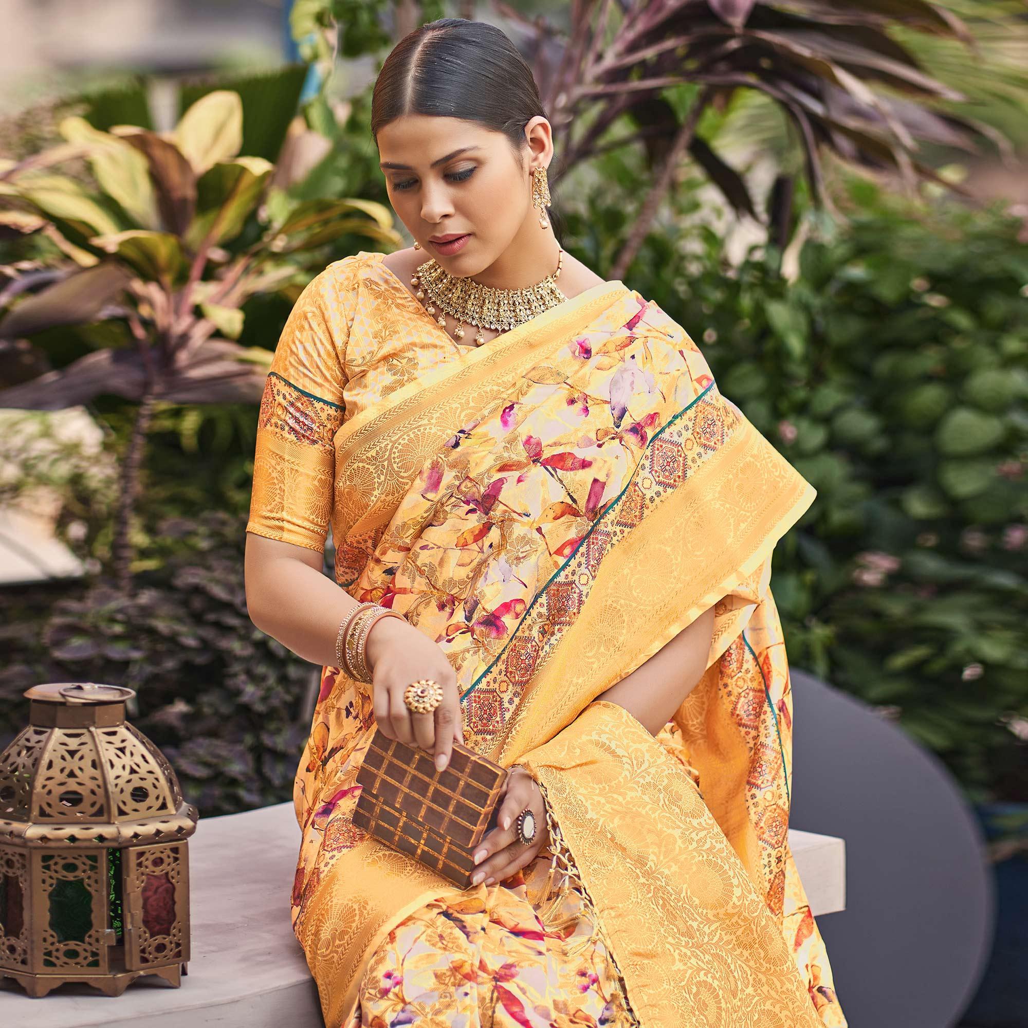 Yellow Floral Digital Printed Pure Silk Saree - Peachmode